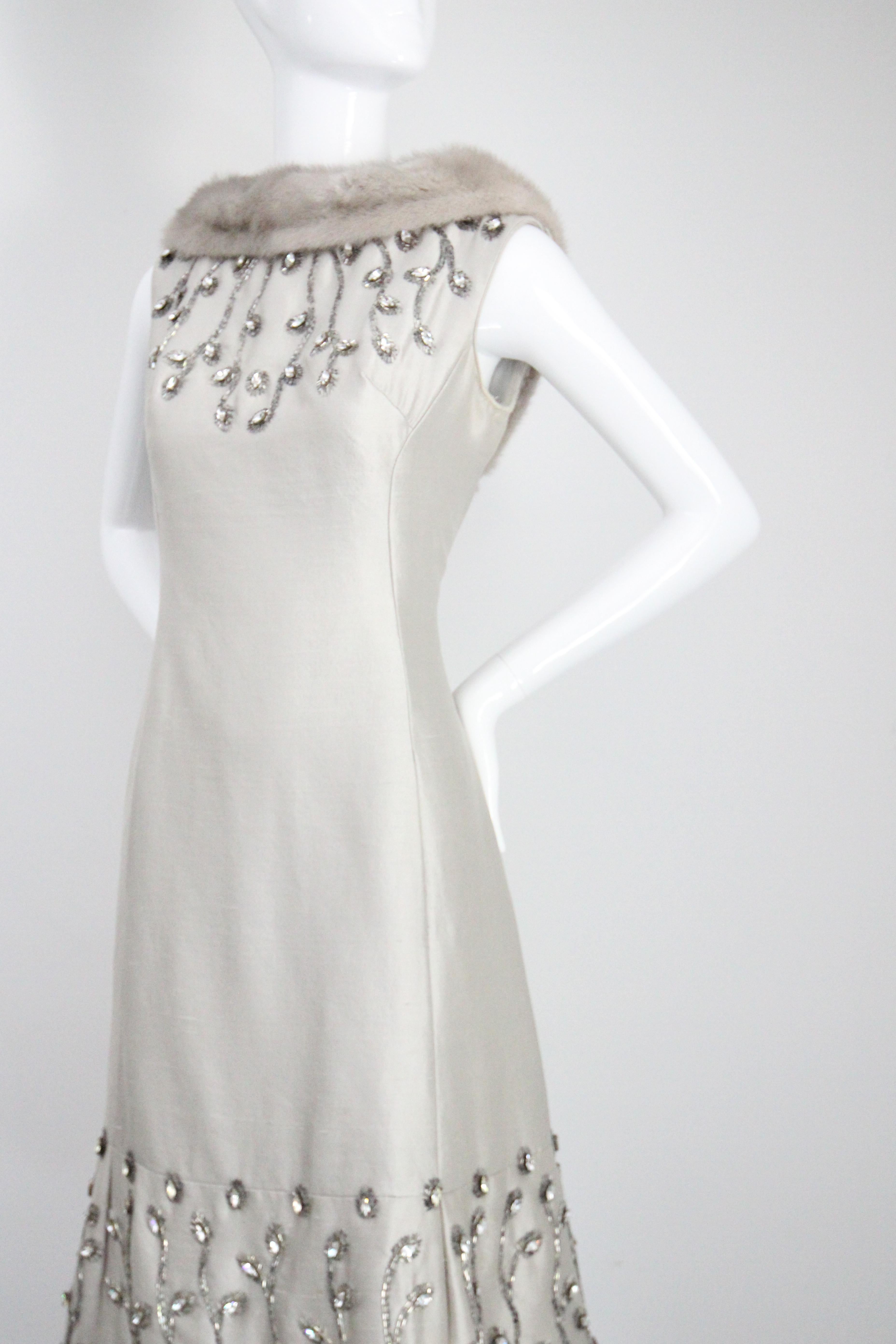 Abito da cocktail invernale Lillie Rubin in seta argentata, vintage, anni '60, con strass, UK 12 in vendita 5