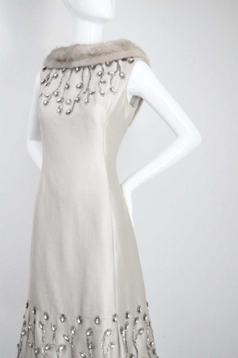 Vintage 1960's silver silk rhinestone Lillie Rubin winter cocktail dress UK  12 For Sale at 1stDibs