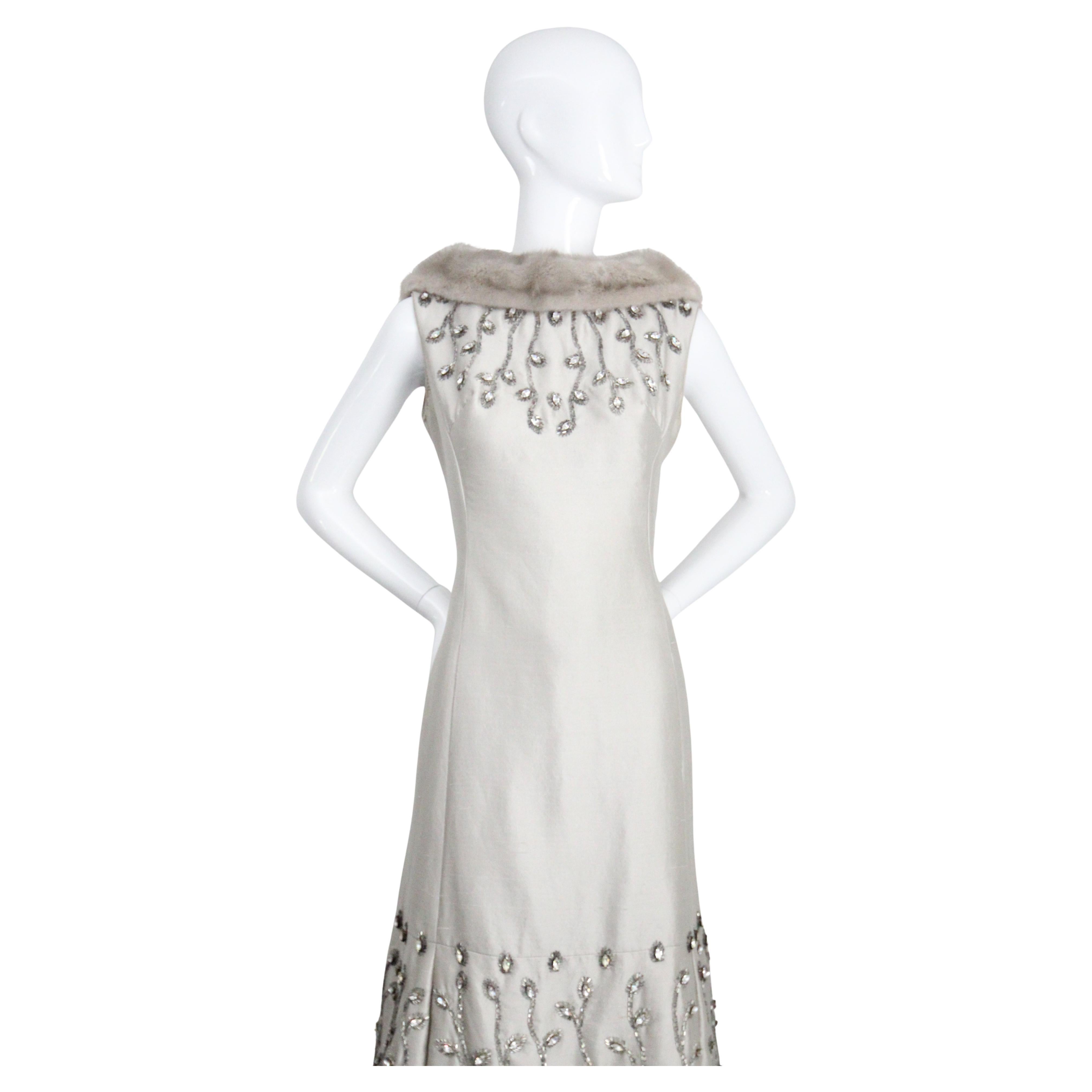Vintage 1960er Silber Seide Strass Lillie Rubin Winter Cocktailkleid UK 12
