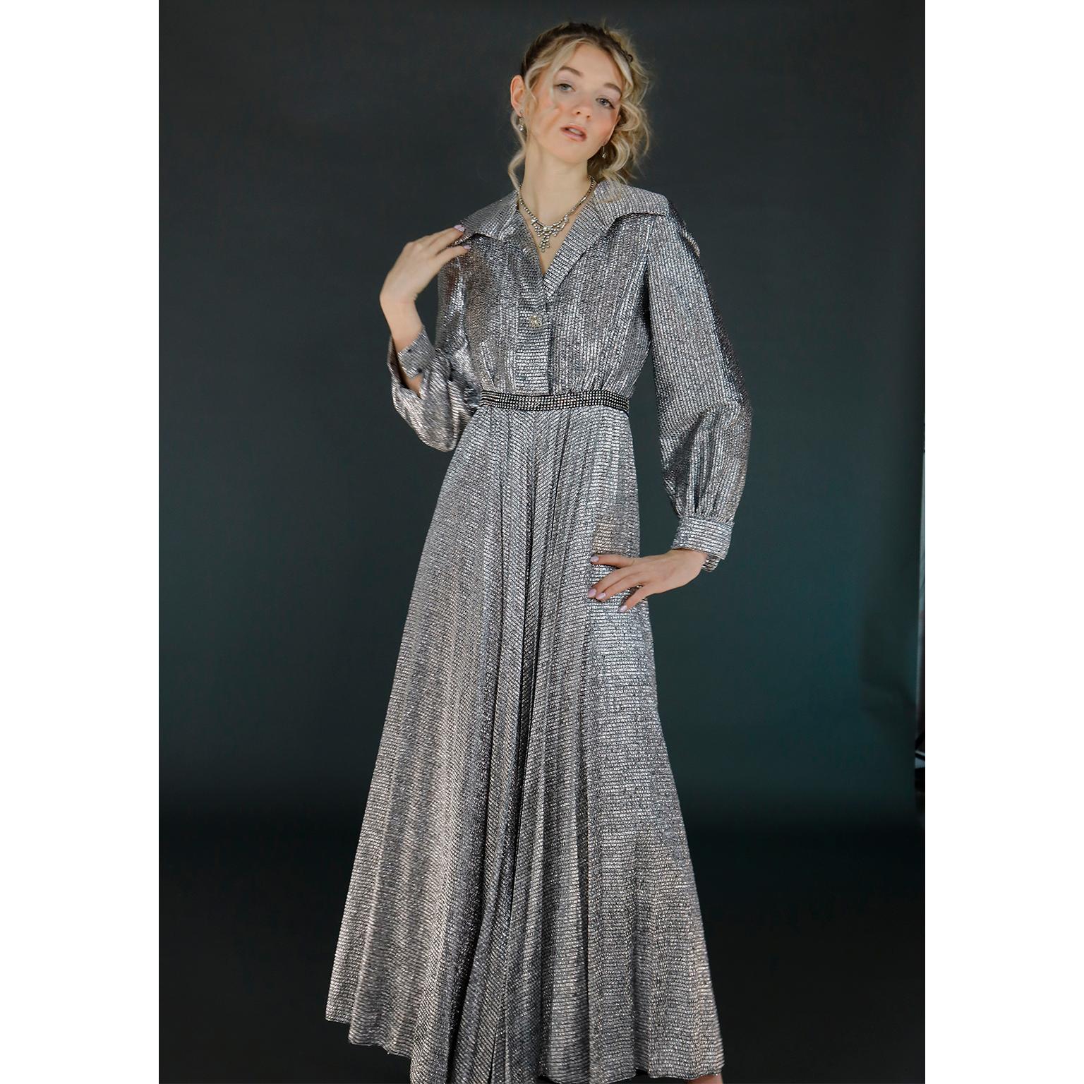 Vintage 1960s 1970s Silver Sparkle Palazzo Jumpsuit Evening Dress Alternative In Excellent Condition For Sale In Portland, OR