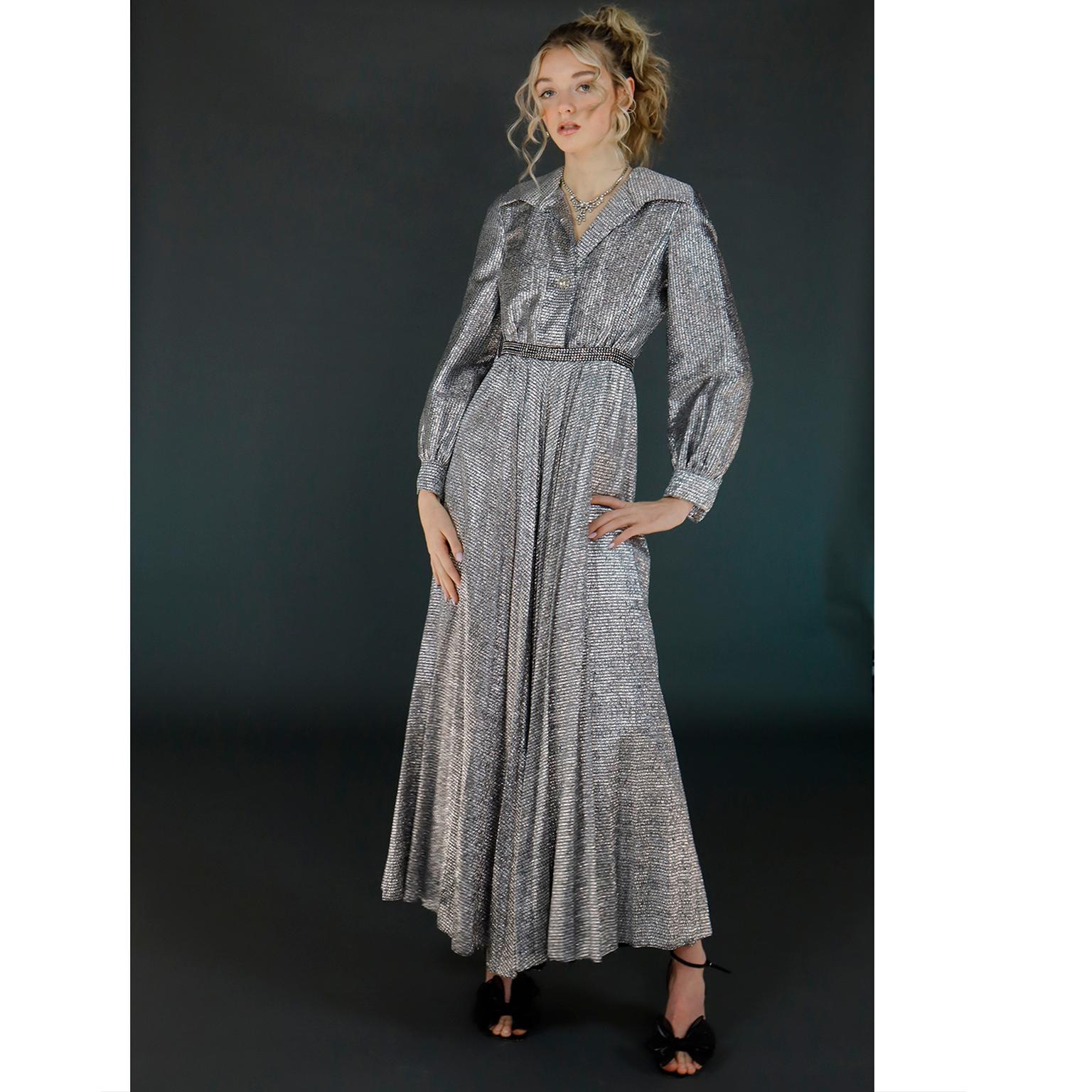 Women's Vintage 1960s 1970s Silver Sparkle Palazzo Jumpsuit Evening Dress Alternative For Sale