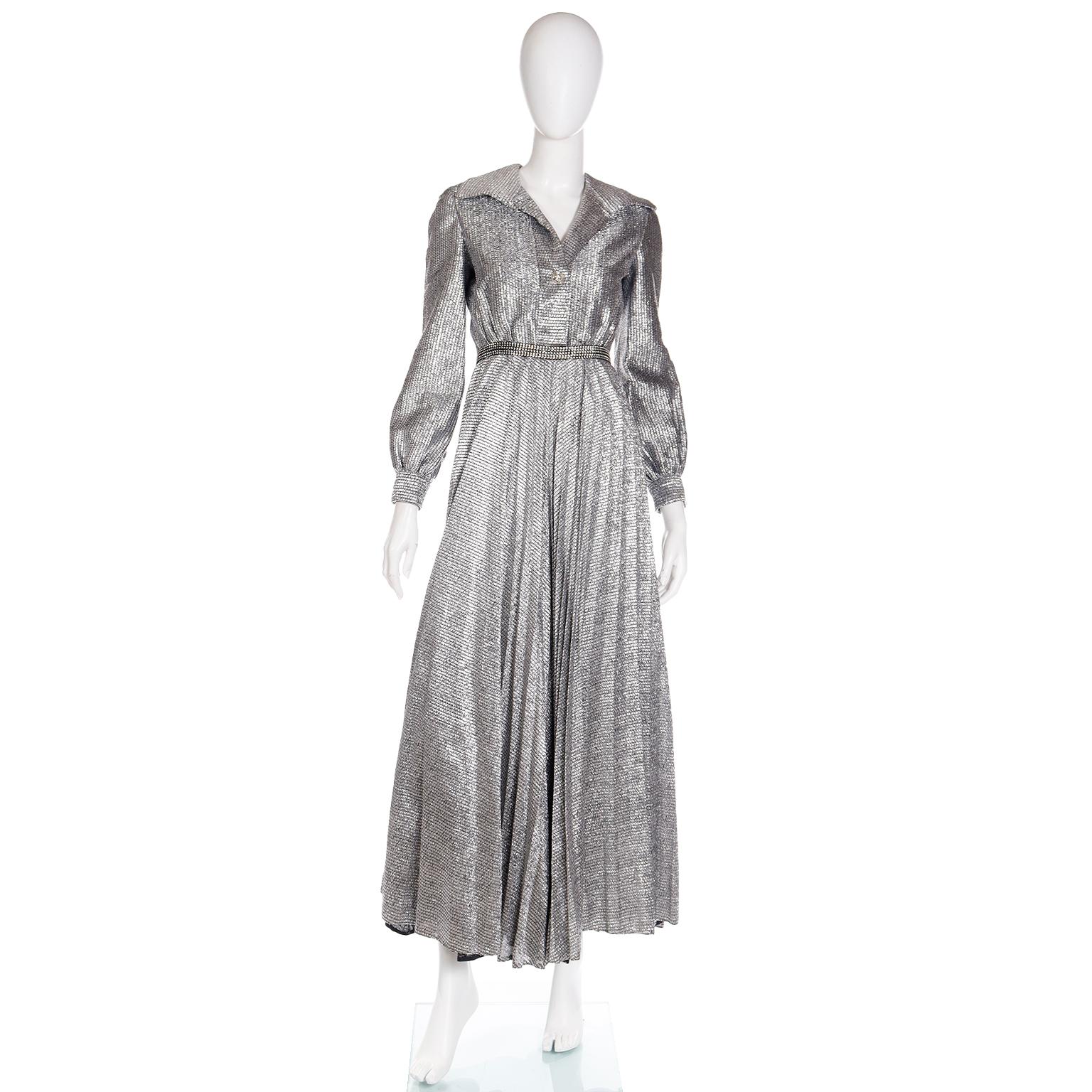 Vintage 1960s 1970s Silver Sparkle Palazzo Jumpsuit Evening Dress Alternative For Sale 3