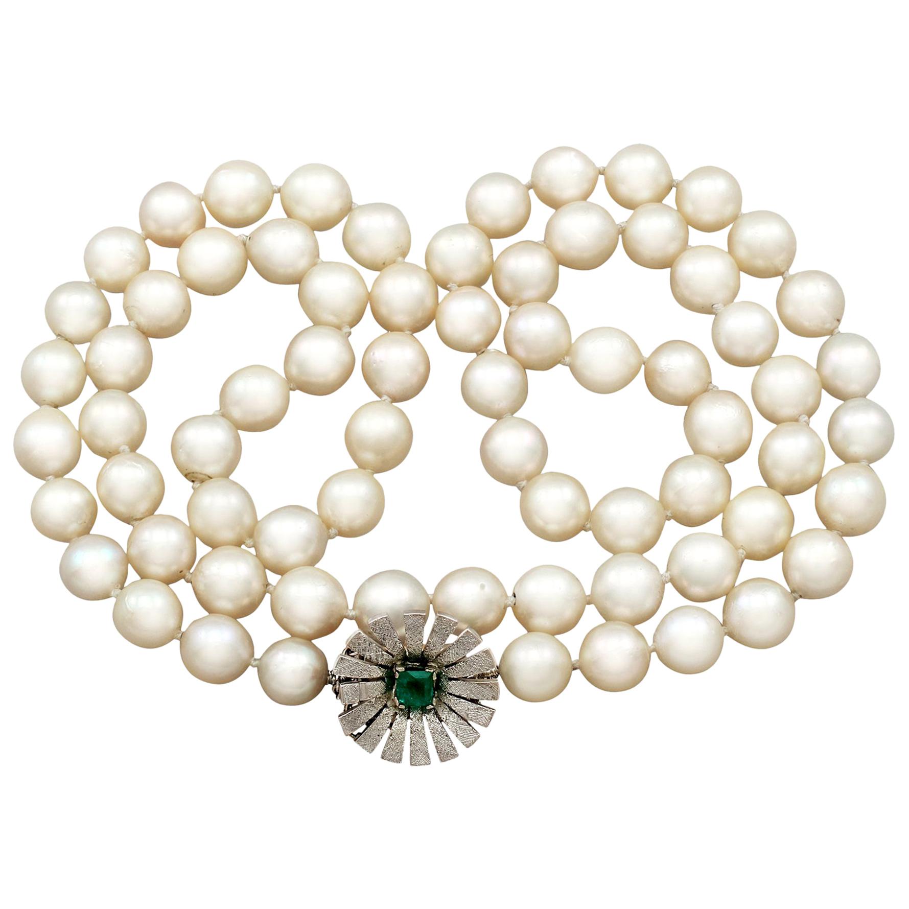 Vintage 1960s Single Strand Cultured Pearl and Emerald Clasp White Gold Necklace