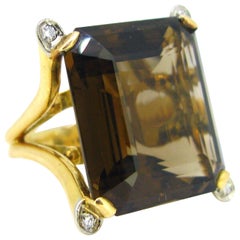 Vintage 1960s Smoky Quartz Cocktail Yellow Gold Platinum Ring