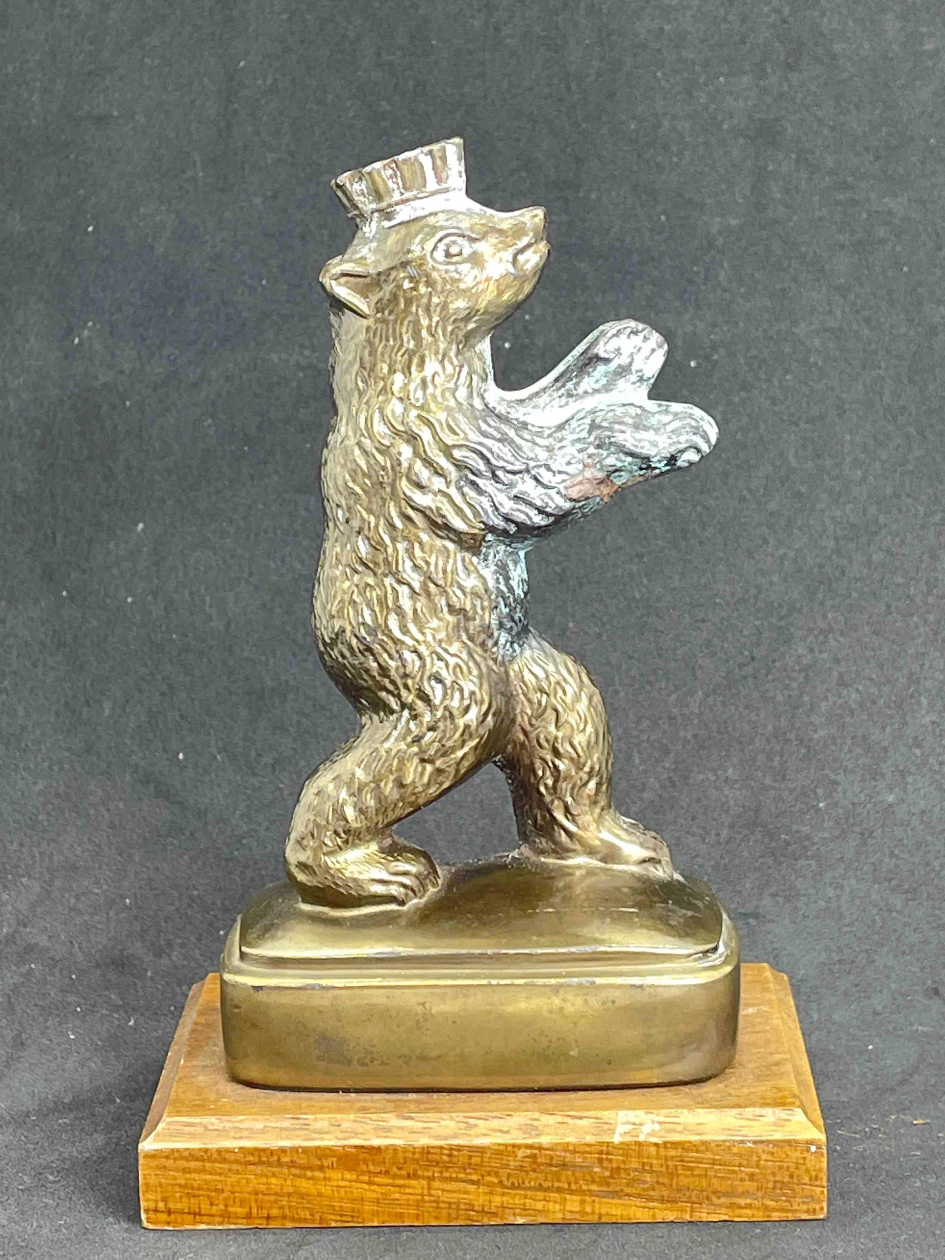 German Vintage 1960s Souvenir Building Model Berlin Bear on Wooden Base, Metal Statue For Sale