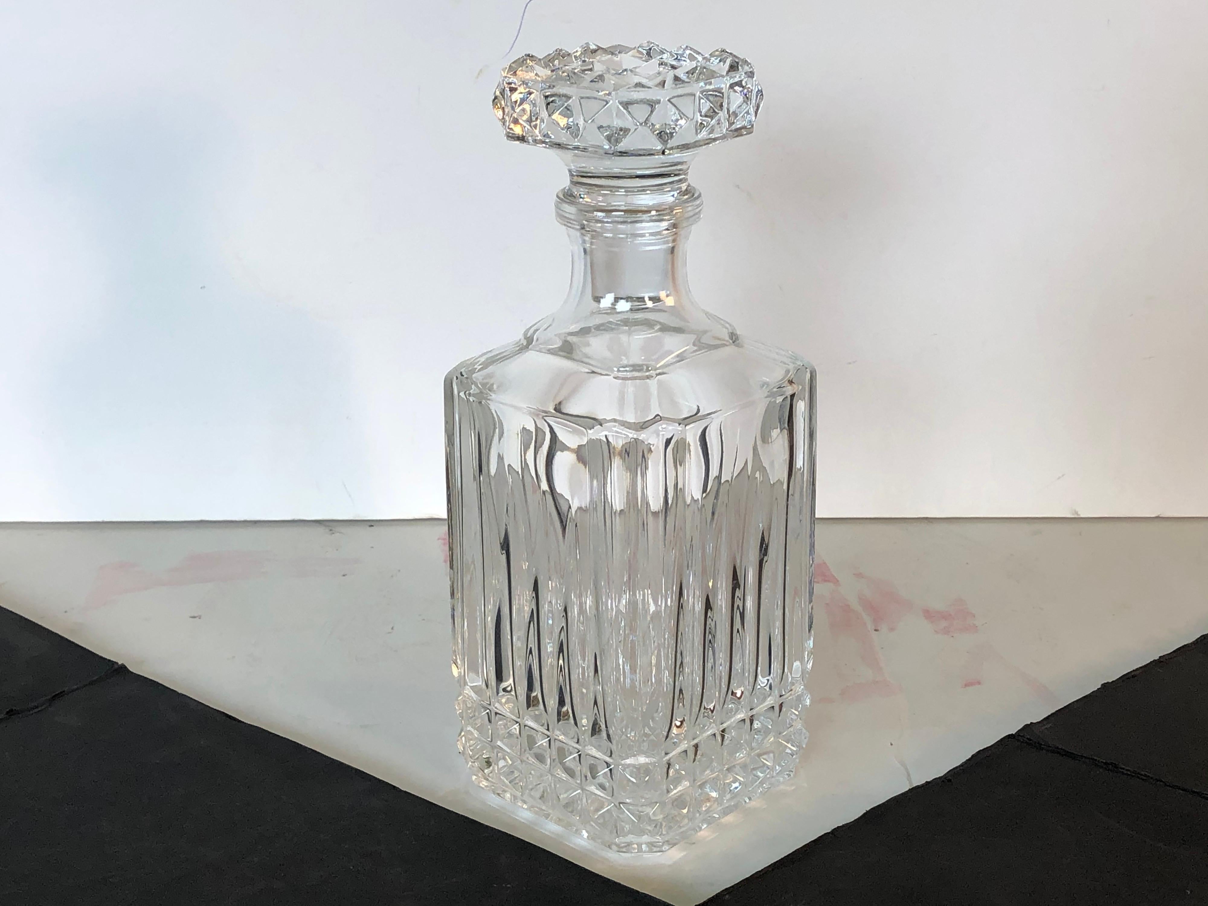 Vintage 1960s square glass diamond point decanter with solid glass stopper. Excellent condition. No marks.