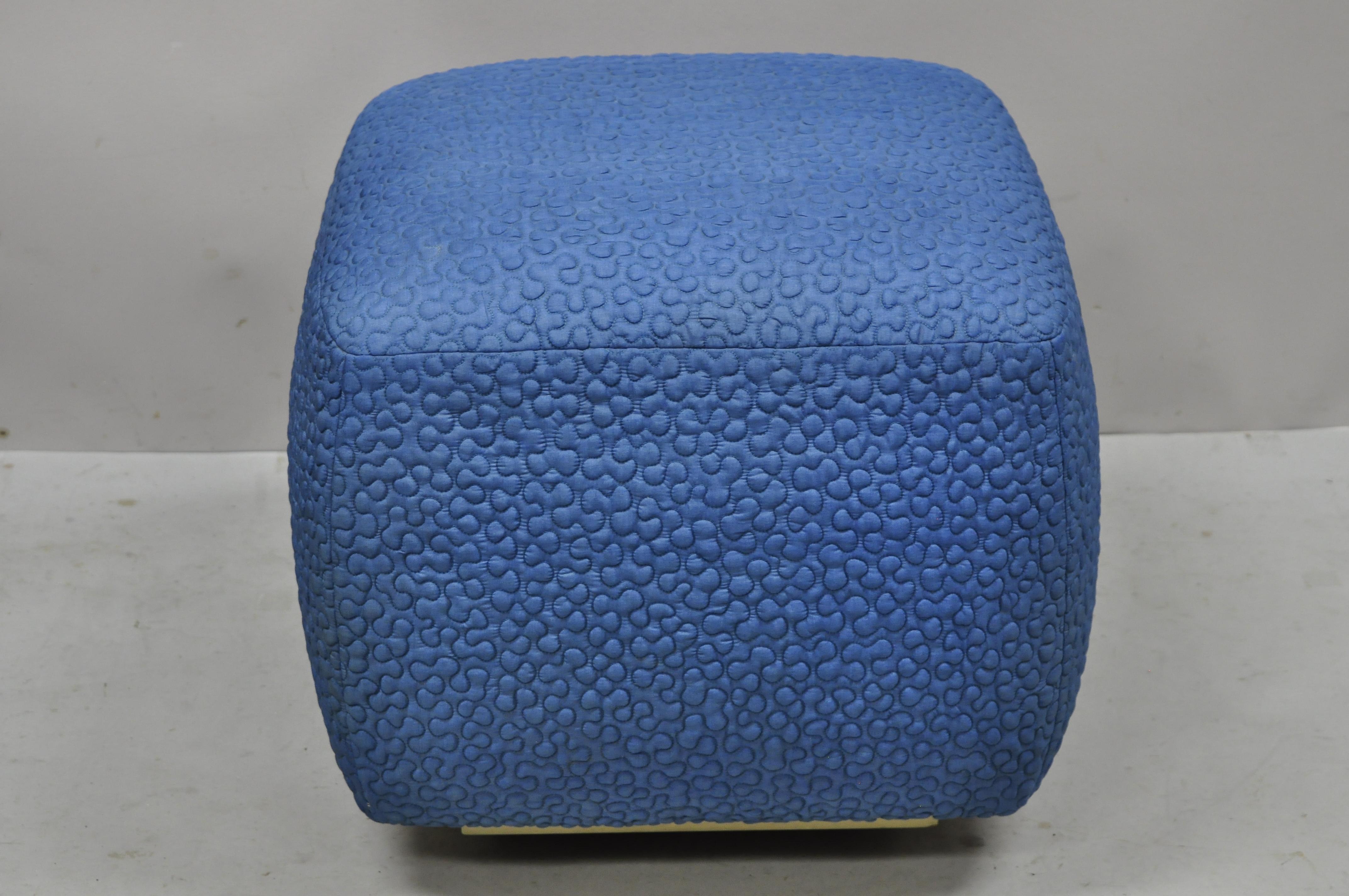 Vintage 1960s Square Pouf Ottoman Blue Stitched Fabric Rolling Casters Wheels In Good Condition For Sale In Philadelphia, PA
