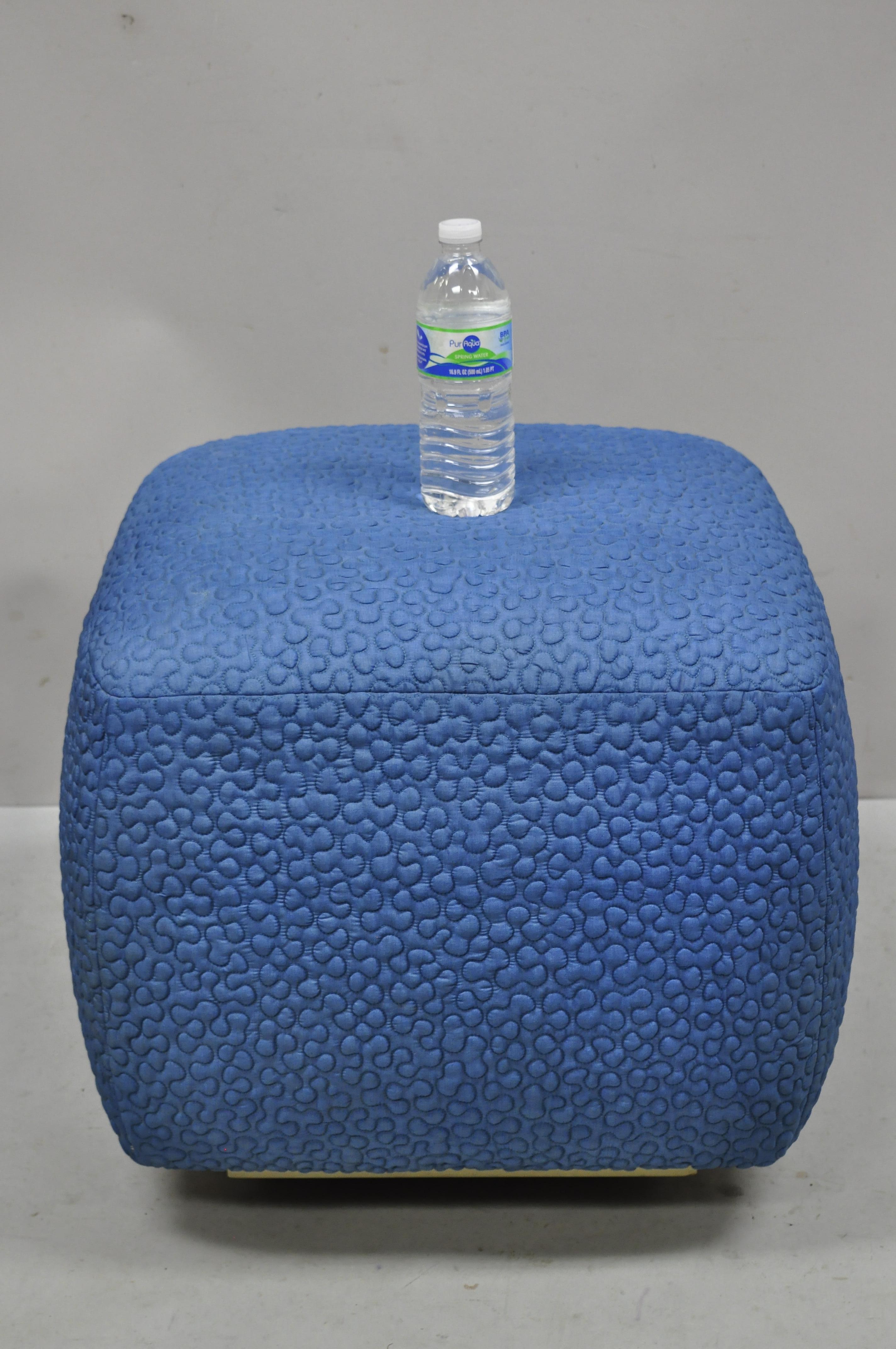 Mid-20th Century Vintage 1960s Square Pouf Ottoman Blue Stitched Fabric Rolling Casters Wheels For Sale