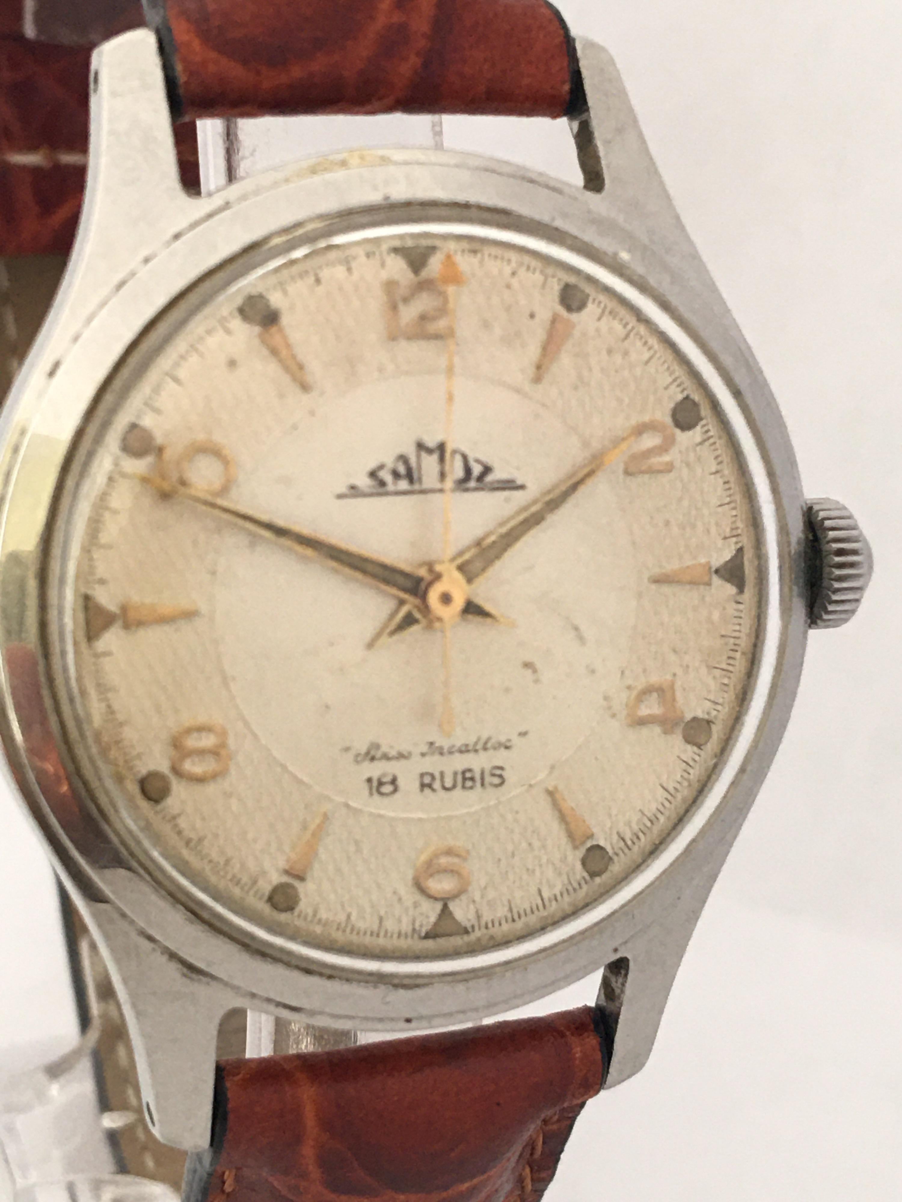 This pre-owned 33mm case diameter vintage hand-winding watch is in good working condition and it runs well. Visible signs of ageing and wear with tiny scratches on the glass and on the watch case as shown. 

Please study the images carefully as form