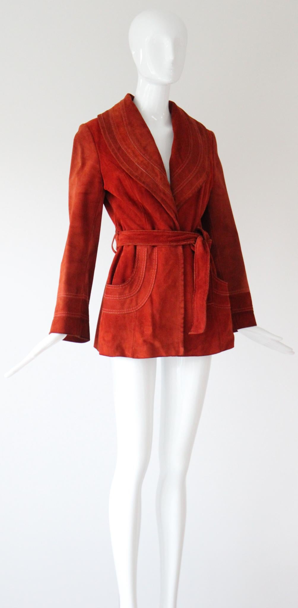 Vintage 1960's Suede Coat Burnt Sienna Leather Suede Coat UK 8-10 US 4-6 In Good Condition For Sale In Cheltenham, GB