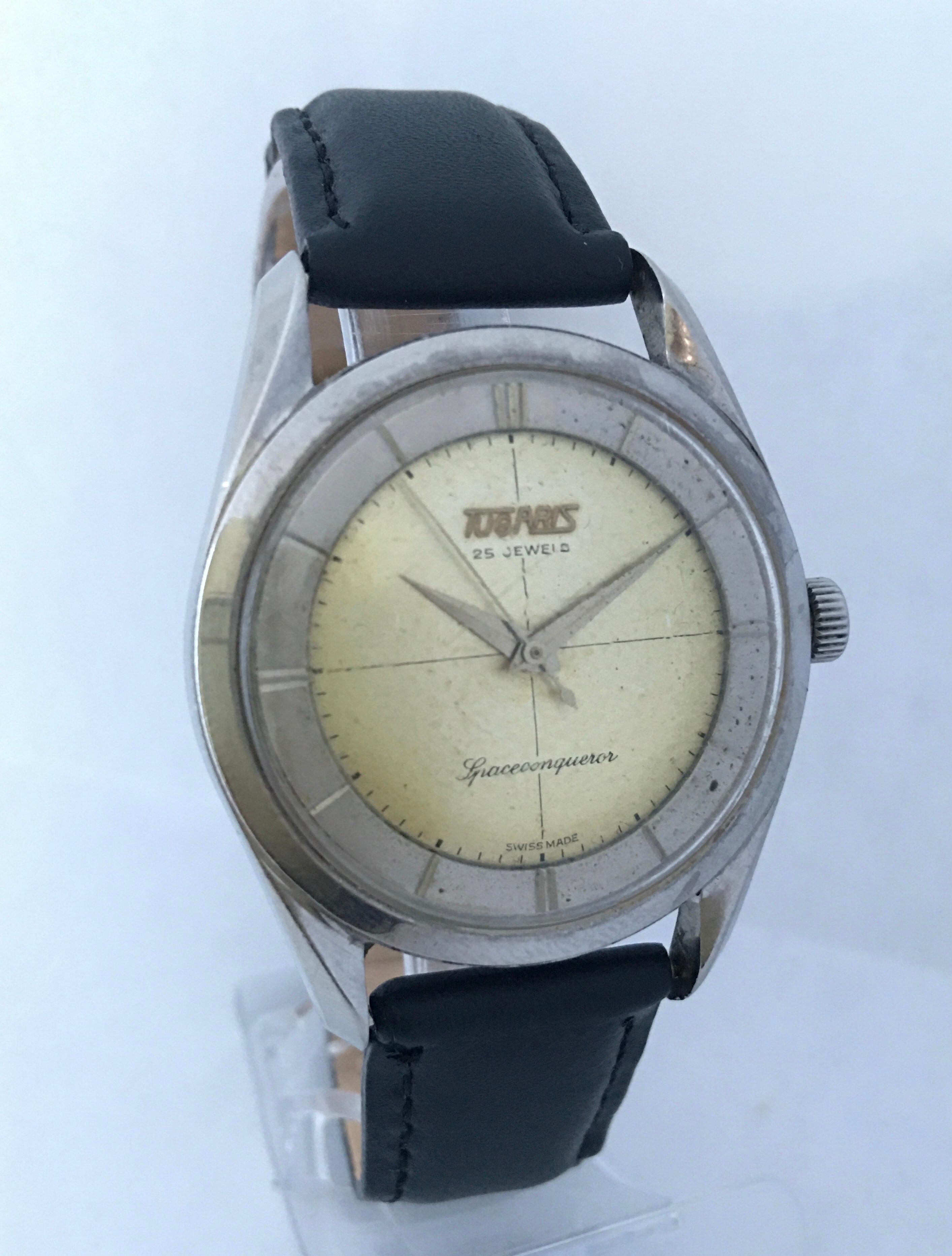 This beautiful pre-owned vintage automatic ( self winding) watch is working and it is ticking well. But I cannot guarantee the time accuracy. Visible signs of ageing and wear with light scratches on on the glass and on the steel watch case as shown.
