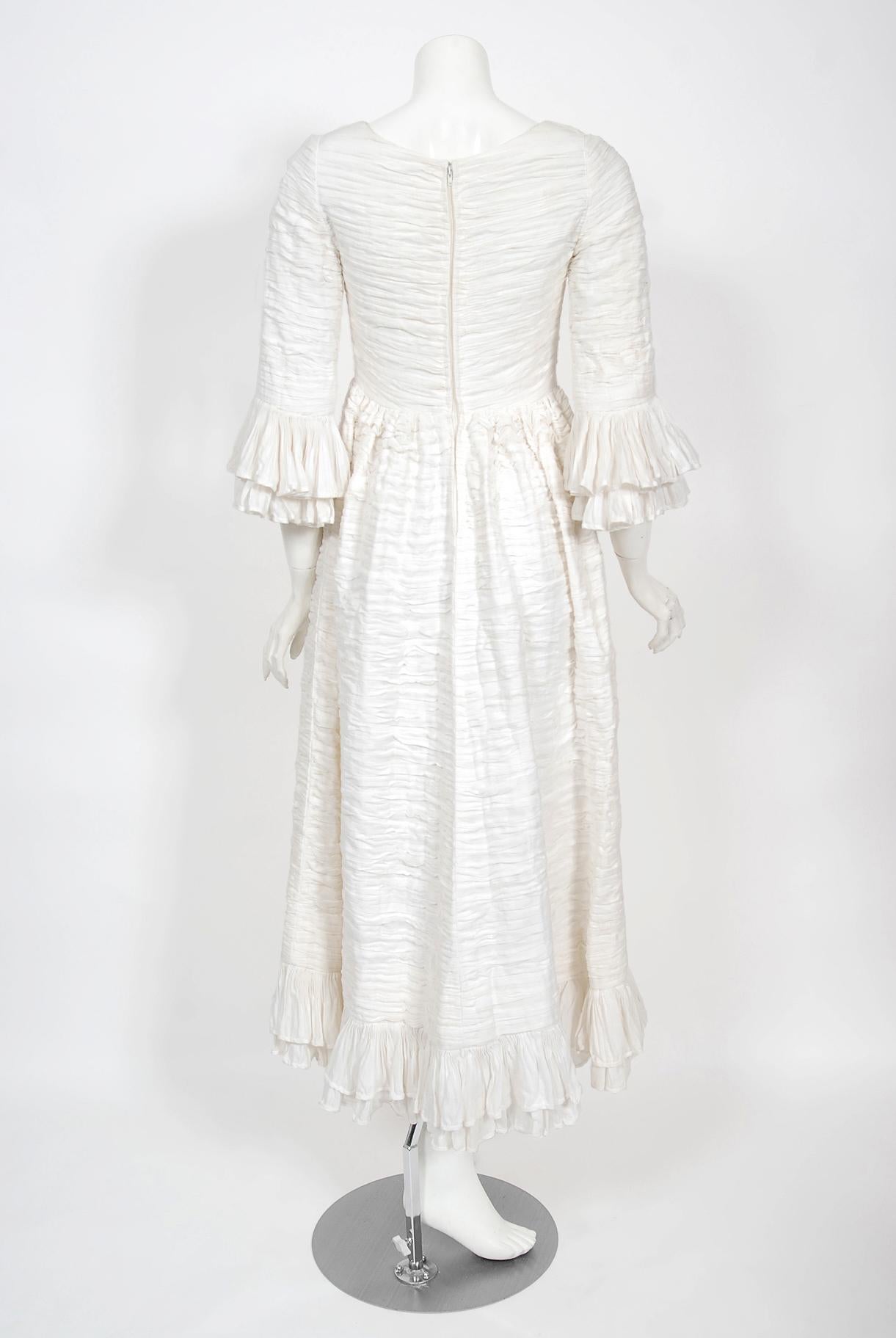 Vintage 1960's Sybil Connolly Couture Pleated White Linen Bell-Sleeve Dress For Sale 8