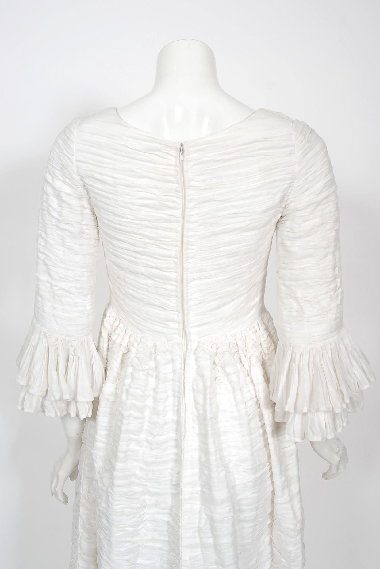 Rare 1960's Sybil Connolly Couture Pleated White Linen Bell-Sleeve Bridal Dress 11