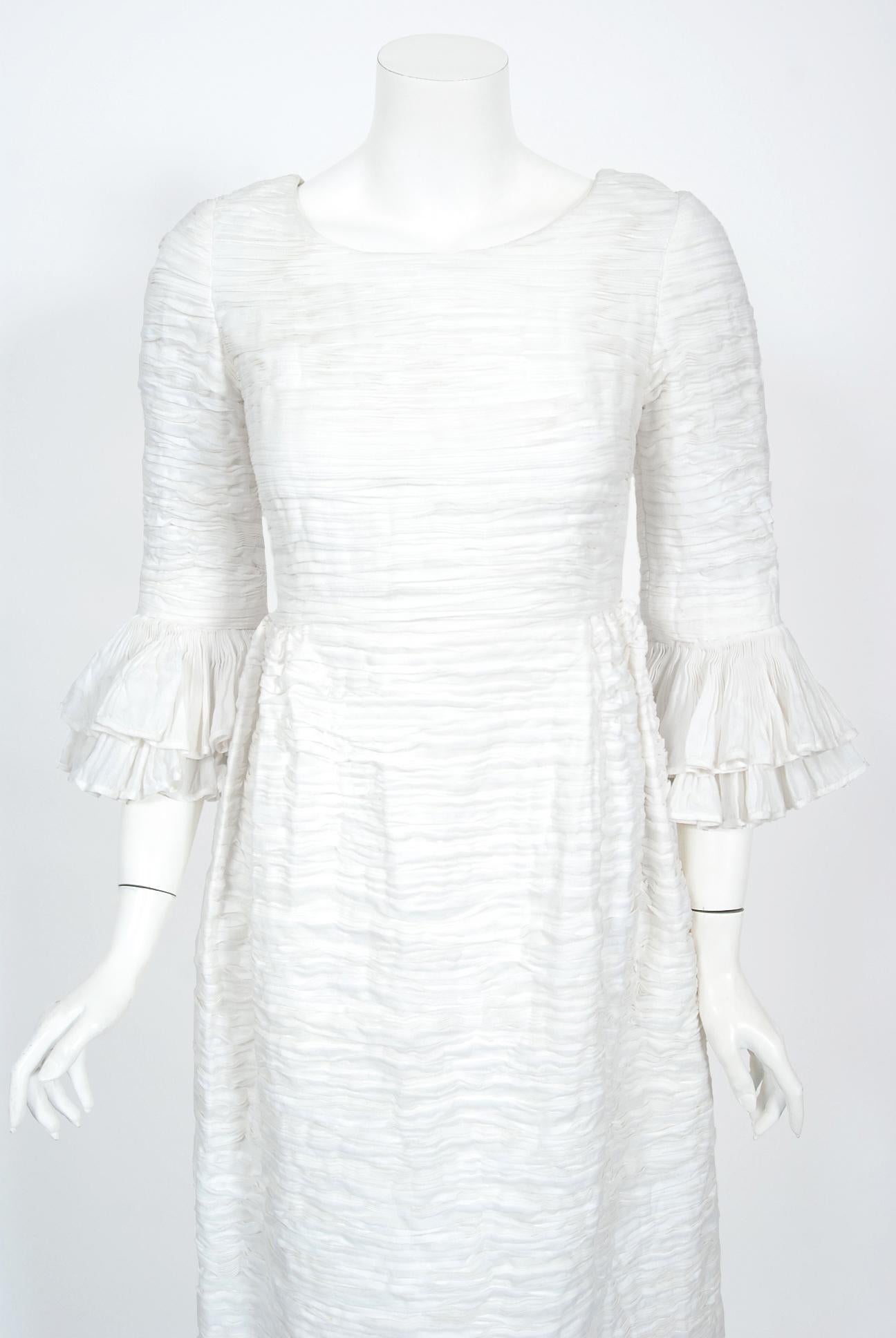 Gray Vintage 1960's Sybil Connolly Couture Pleated White Linen Bell-Sleeve Dress For Sale
