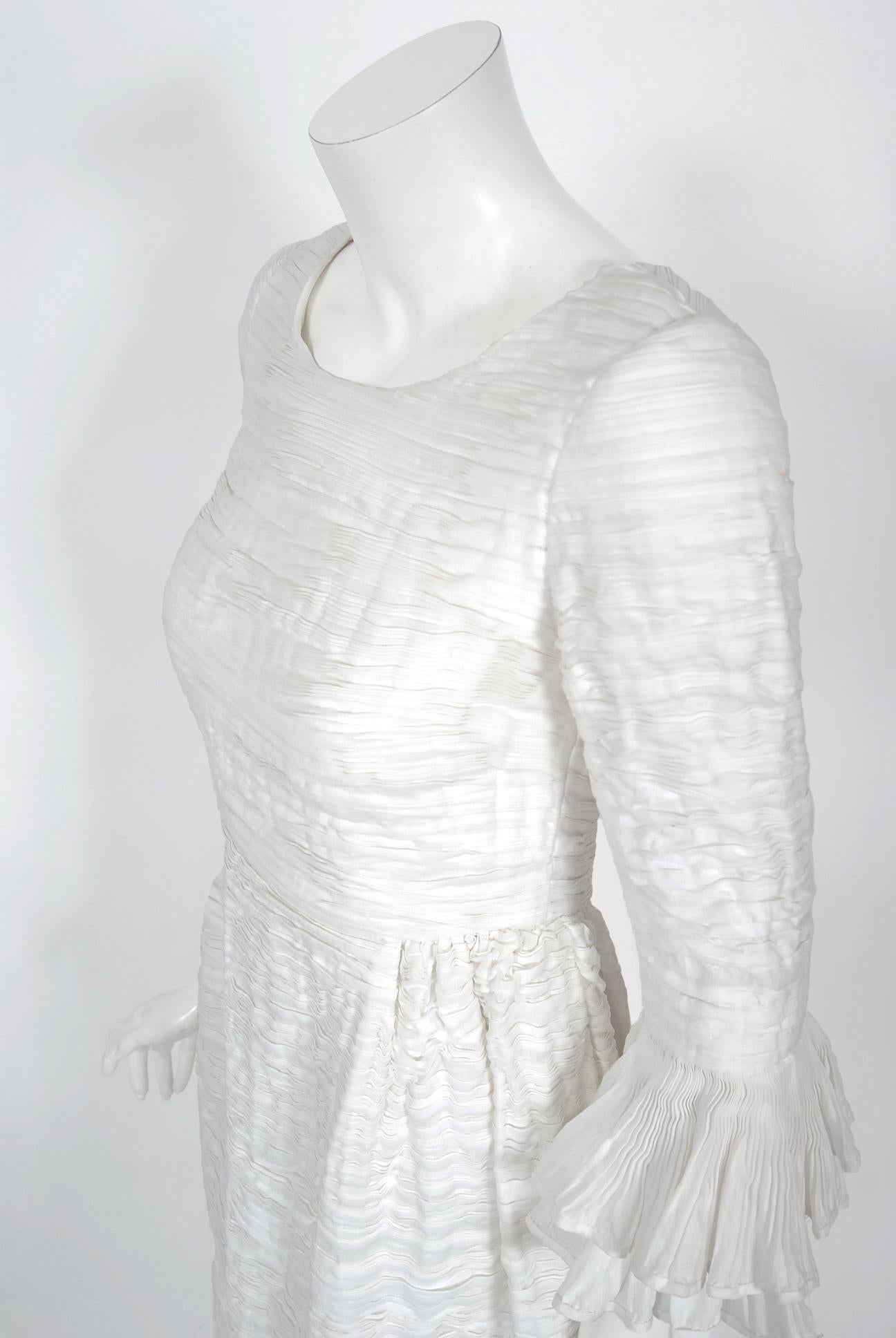 Women's Vintage 1960's Sybil Connolly Couture Pleated White Linen Bell-Sleeve Dress For Sale