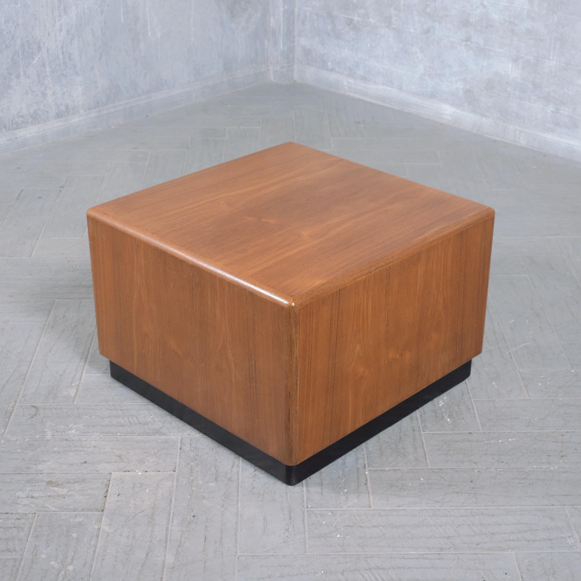 Stained Vintage 1960s Teak Wood Waterfall Side Table - Fully Restored and Sleek Design For Sale