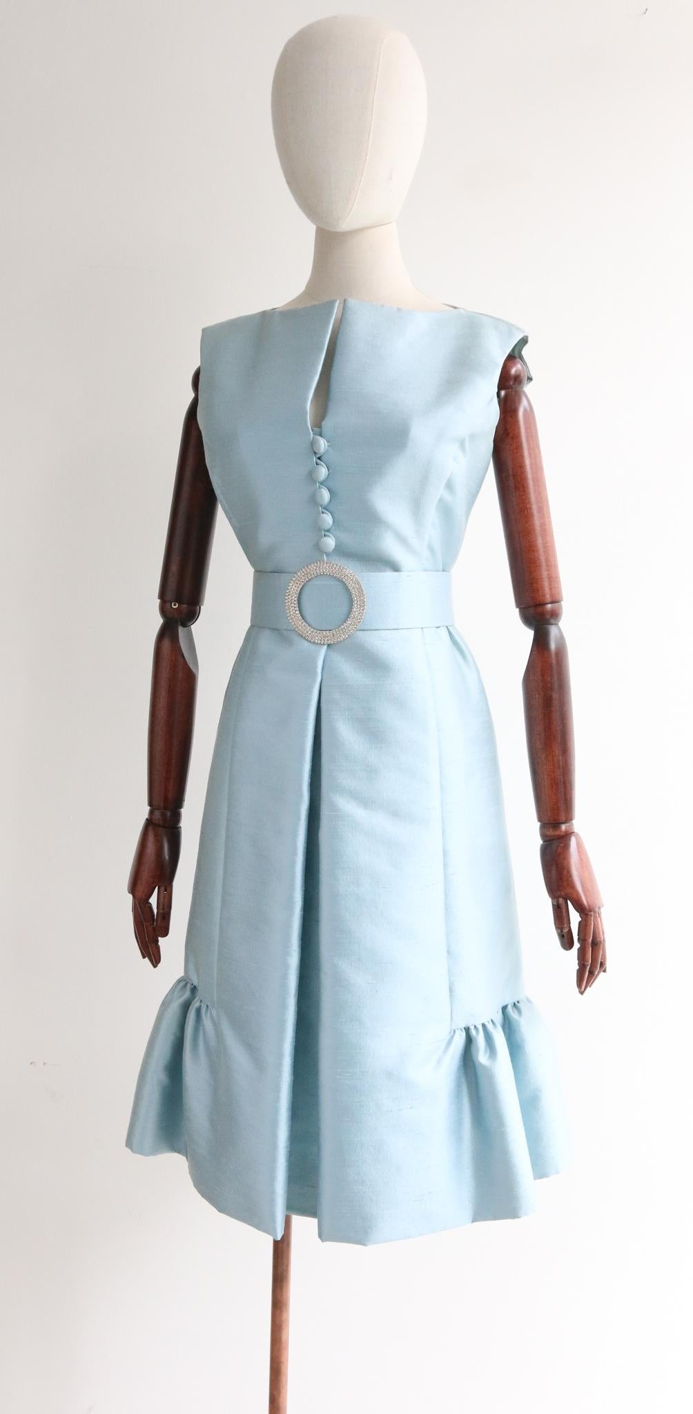 Vintage 1960's Teal Traina Ice Blue Silk & Rhinestone Dress UK 8-10 US 4-6 In Good Condition In Cheltenham, GB