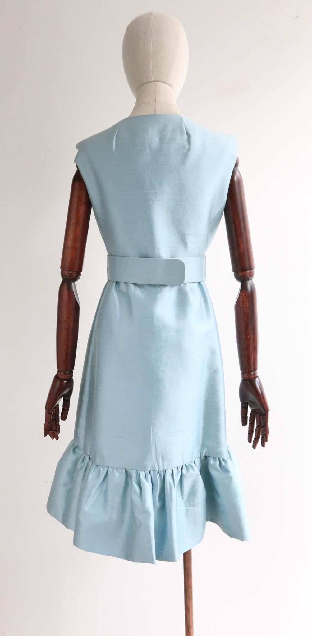 Women's or Men's Vintage 1960's Teal Traina Ice Blue Silk & Rhinestone Dress UK 8-10 US 4-6