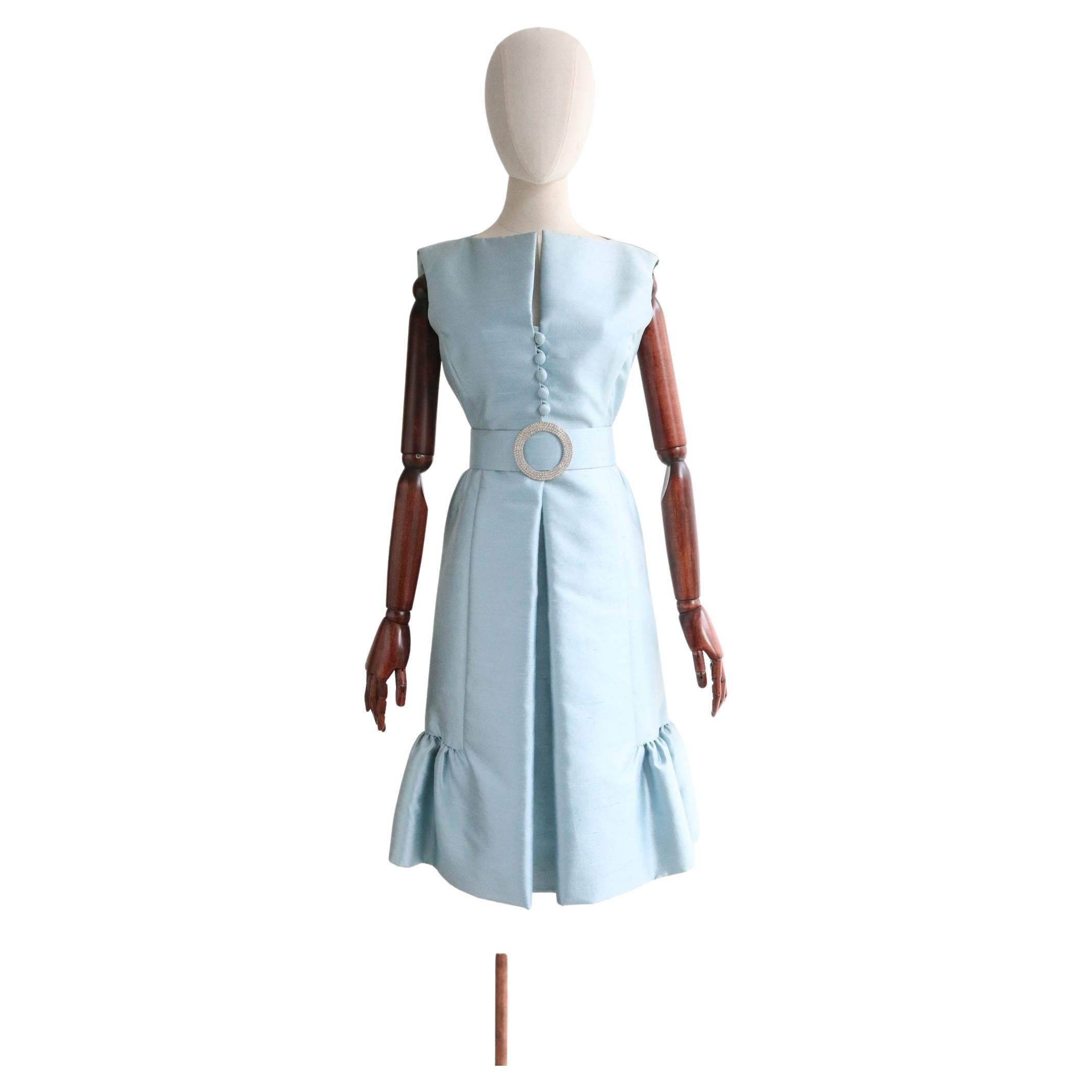 Vintage 1960's Teal Traina Ice Blue Silk & Rhinestone Dress UK 8-10 US 4-6
