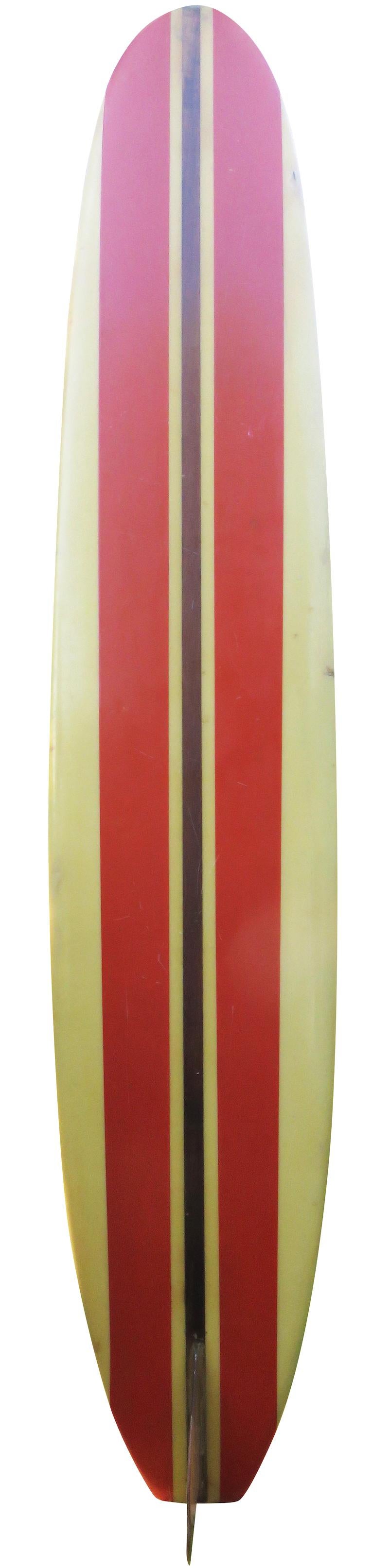 Mid-1960s vintage ten toes longboard surfboard. Features a single redwood stringer design with classic red paneling. A great example of a classic longboard made in the 1960s. Use as a rideable vintage longboard or decorative surfboard work of art!