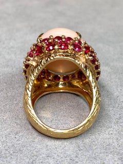 Vintage 1960's Textured 18K Yellow Gold Cabochon Pink Coral Ruby Cocktail Ring