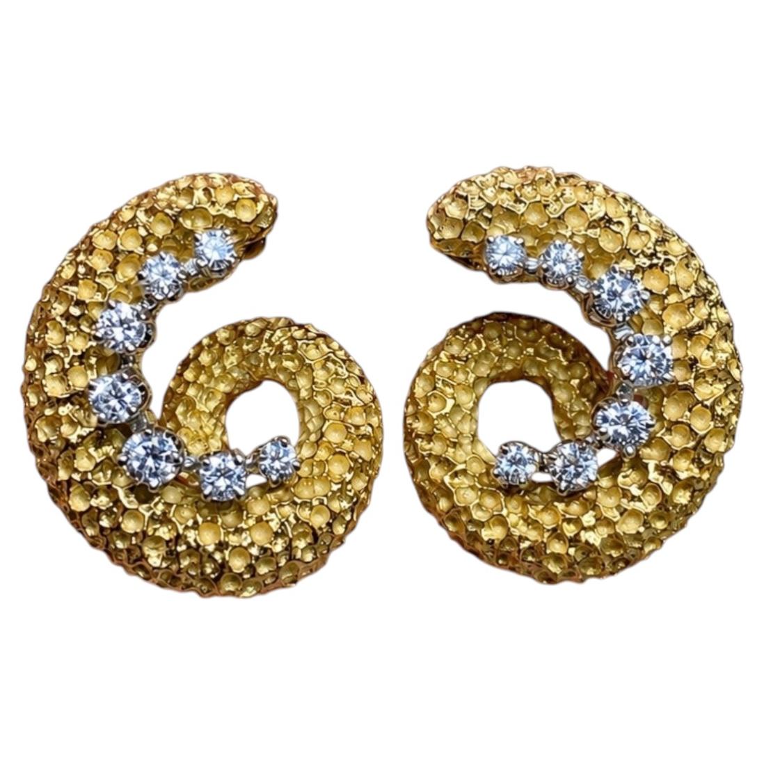 Vintage 1960’s Textured Finish 18K Yellow Gold Swirl Diamond Screwback Earrings