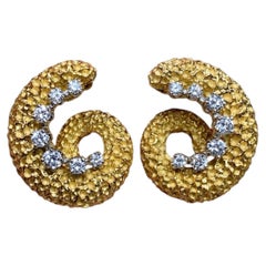 Vintage 1960’s Textured Finish 18K Yellow Gold Swirl Diamond Screwback Earrings