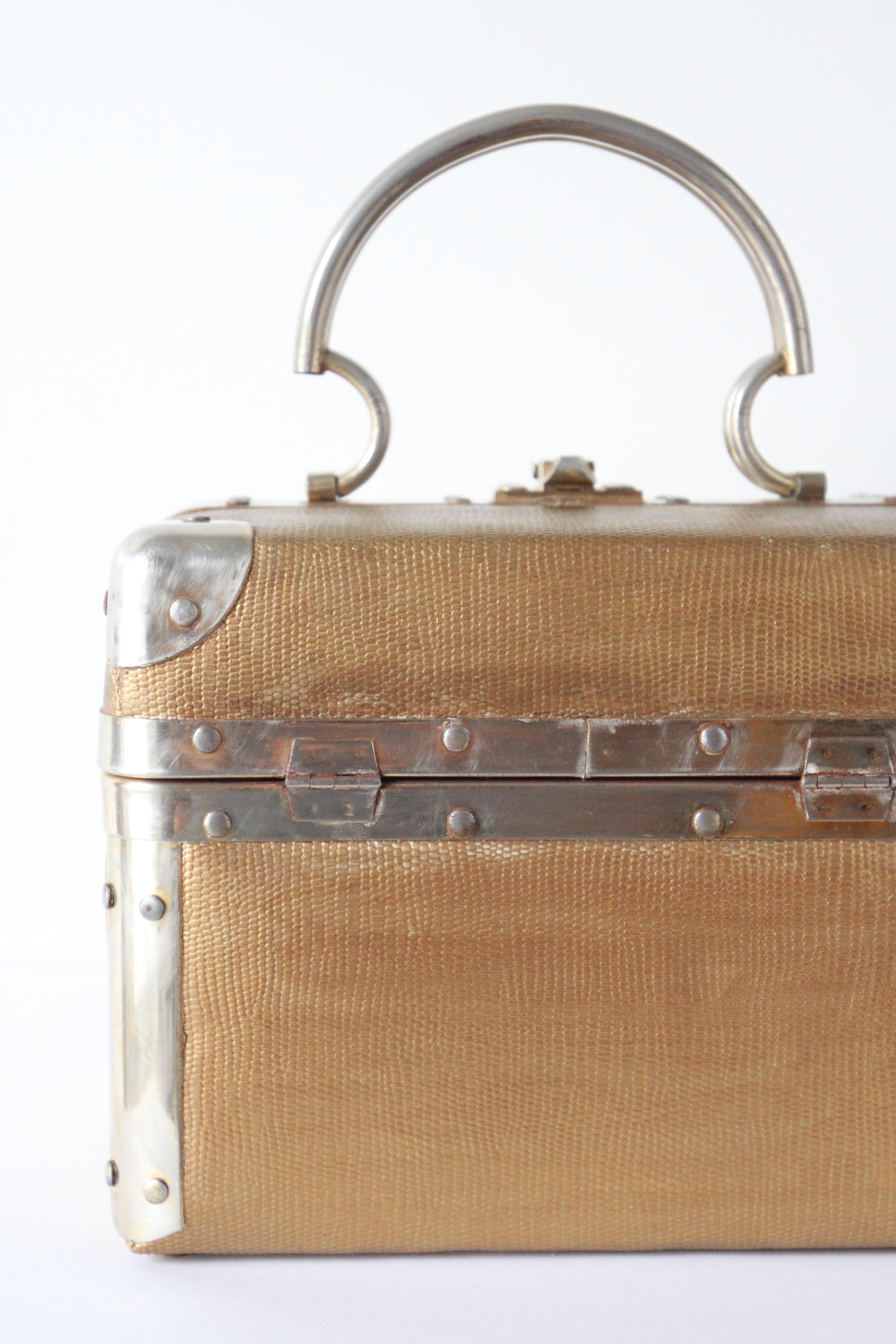 Brown Vintage 1960's Textured Gold Painted Dellil Handbag 1960's Gold Box Bag For Sale
