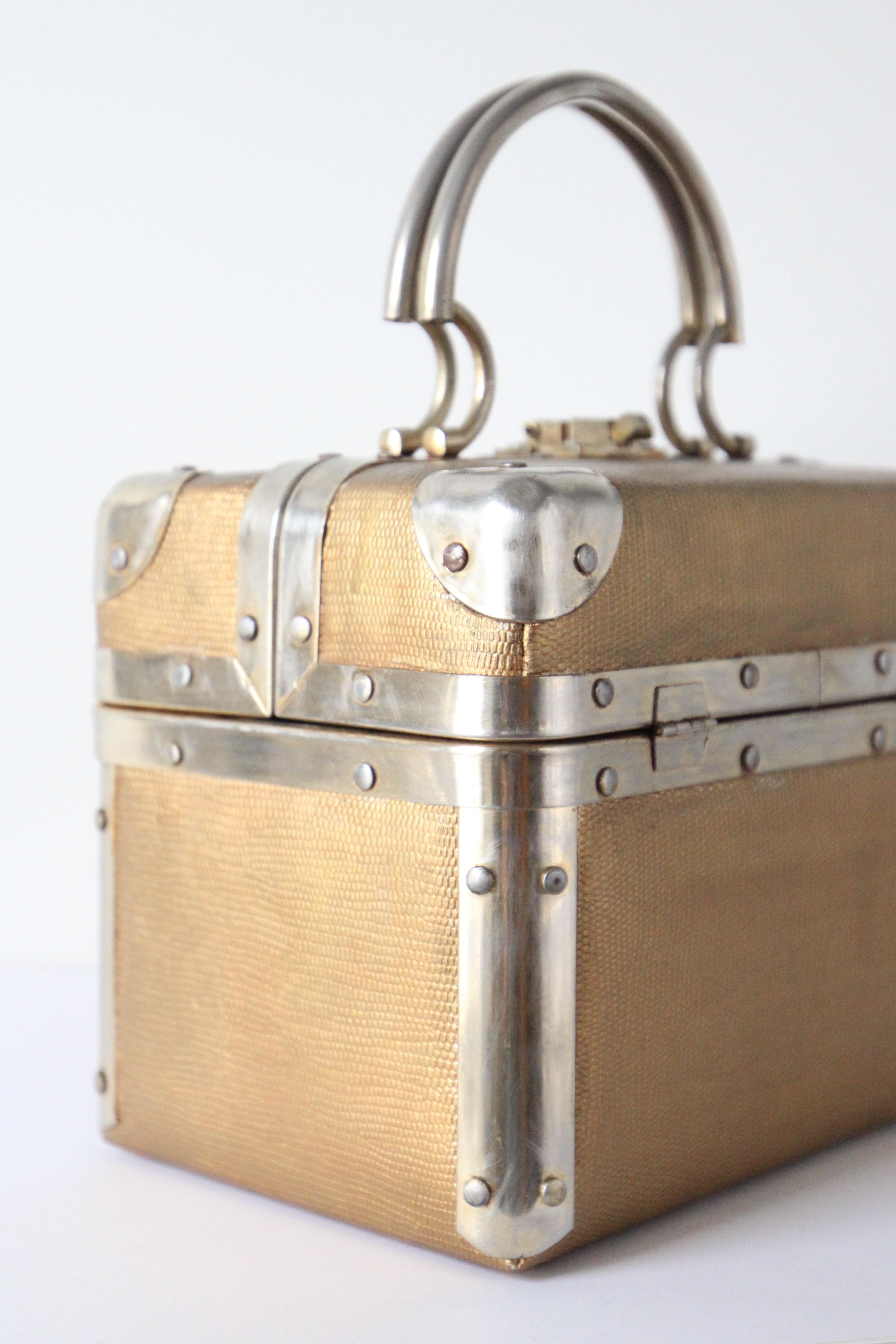 Women's or Men's Vintage 1960's Textured Gold Painted Dellil Handbag 1960's Gold Box Bag For Sale
