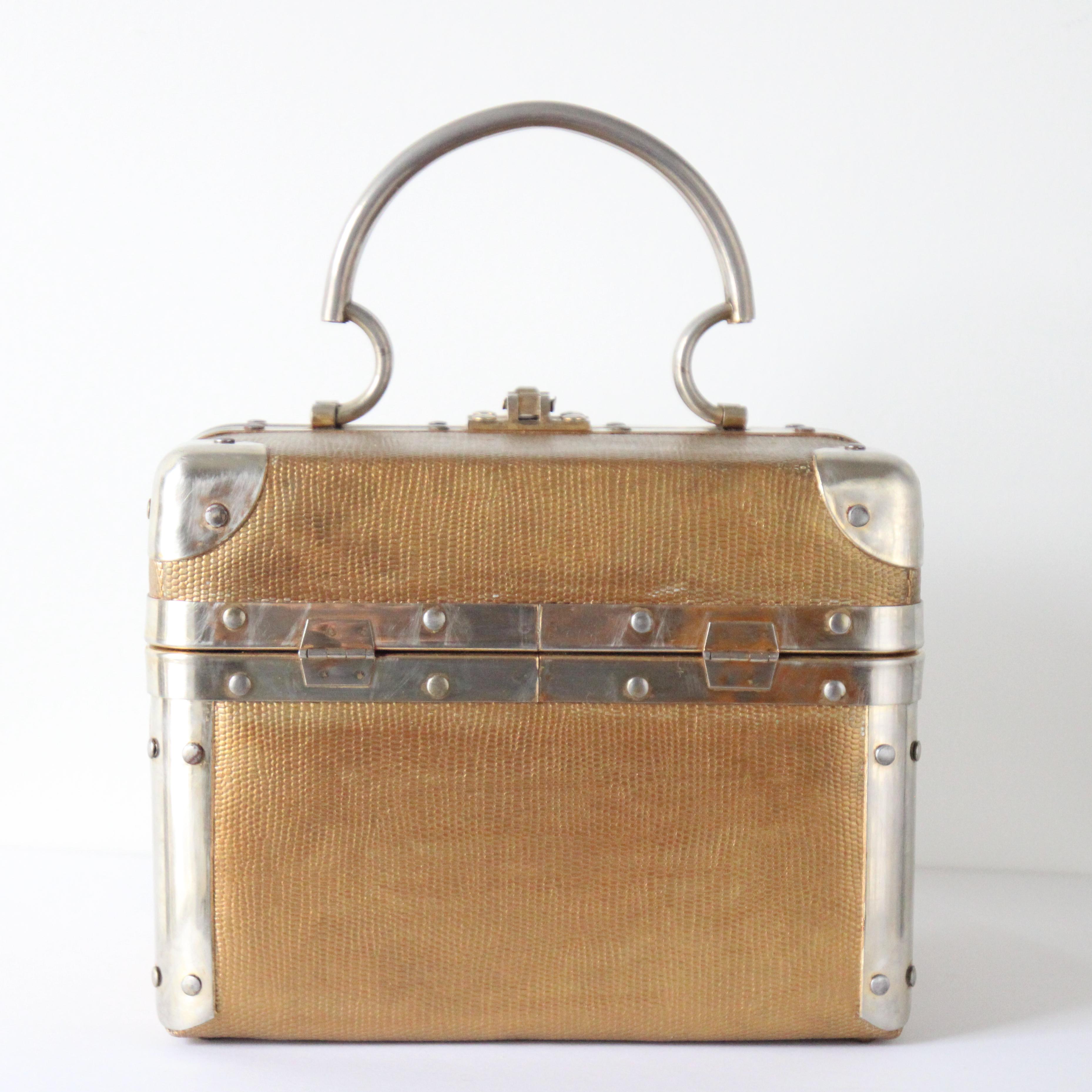 Vintage 1960's Textured Gold Painted Dellil Handbag 1960's Gold Box Bag For Sale 1