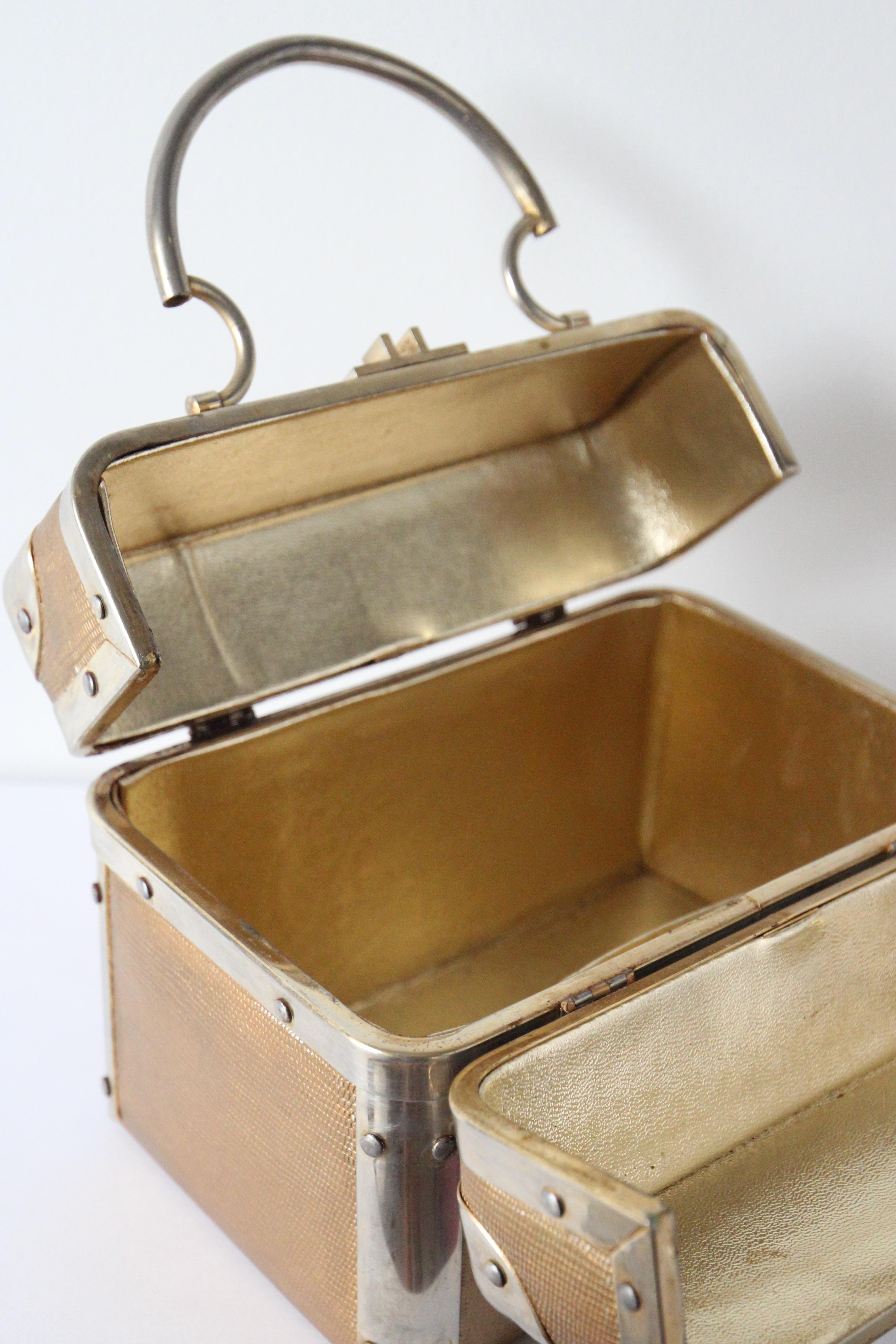Vintage 1960's Textured Gold Painted Dellil Handbag 1960's Gold Box Bag For Sale 2