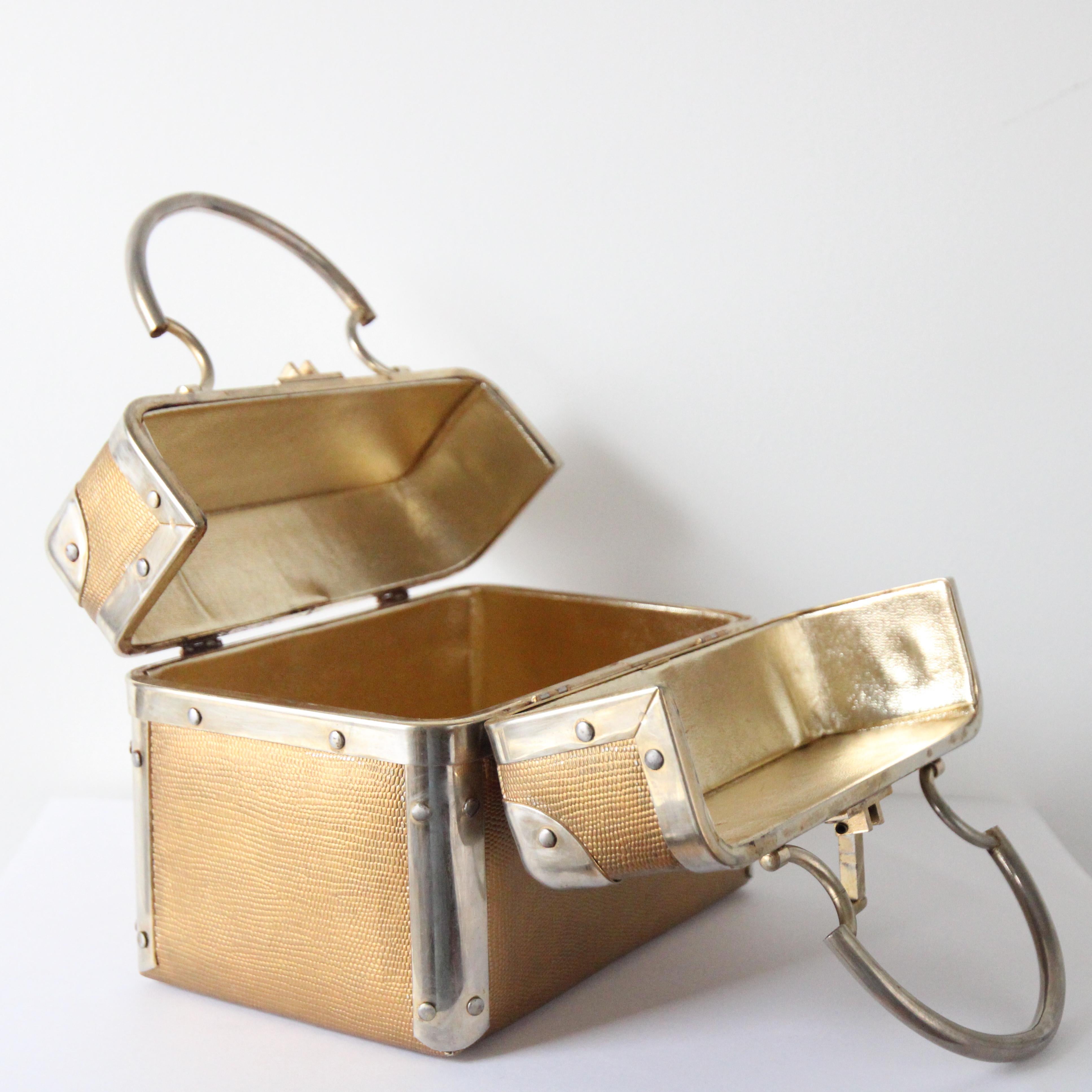 Vintage 1960's Textured Gold Painted Dellil Handbag 1960's Gold Box Bag For Sale 3