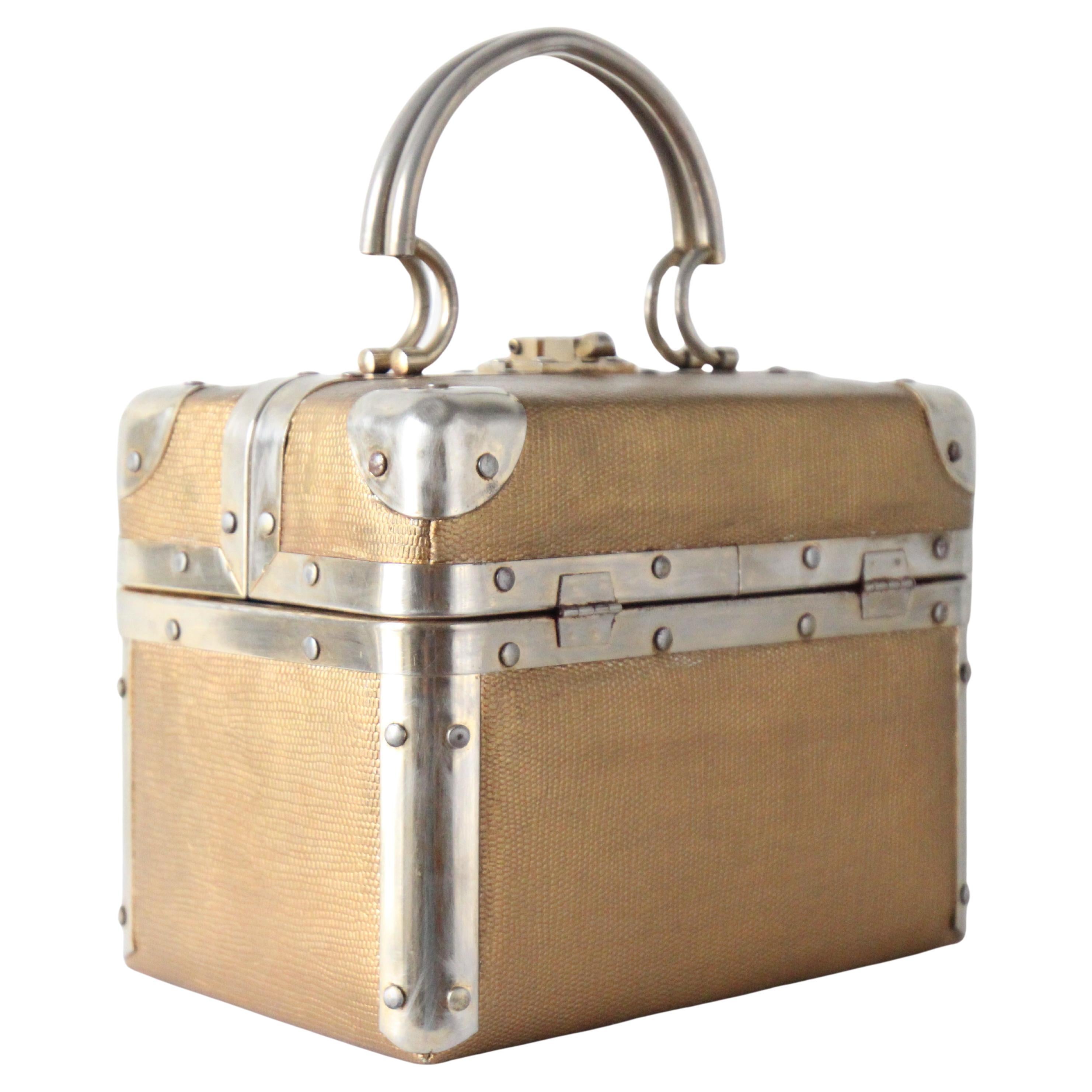 Vintage 1960's Textured Gold Painted Dellil Handbag 1960's Gold Box Bag For Sale