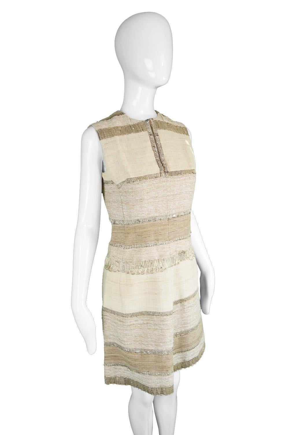 Vintage 1960s Textured Linen & Metallic Cocktail Party Sleeveless Dress In Good Condition In Doncaster, South Yorkshire