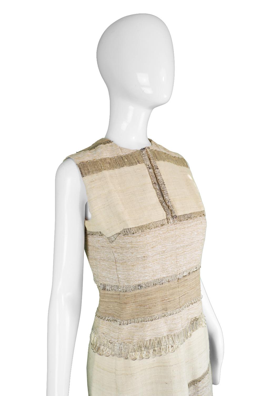 Women's Vintage 1960s Textured Linen & Metallic Cocktail Party Sleeveless Dress