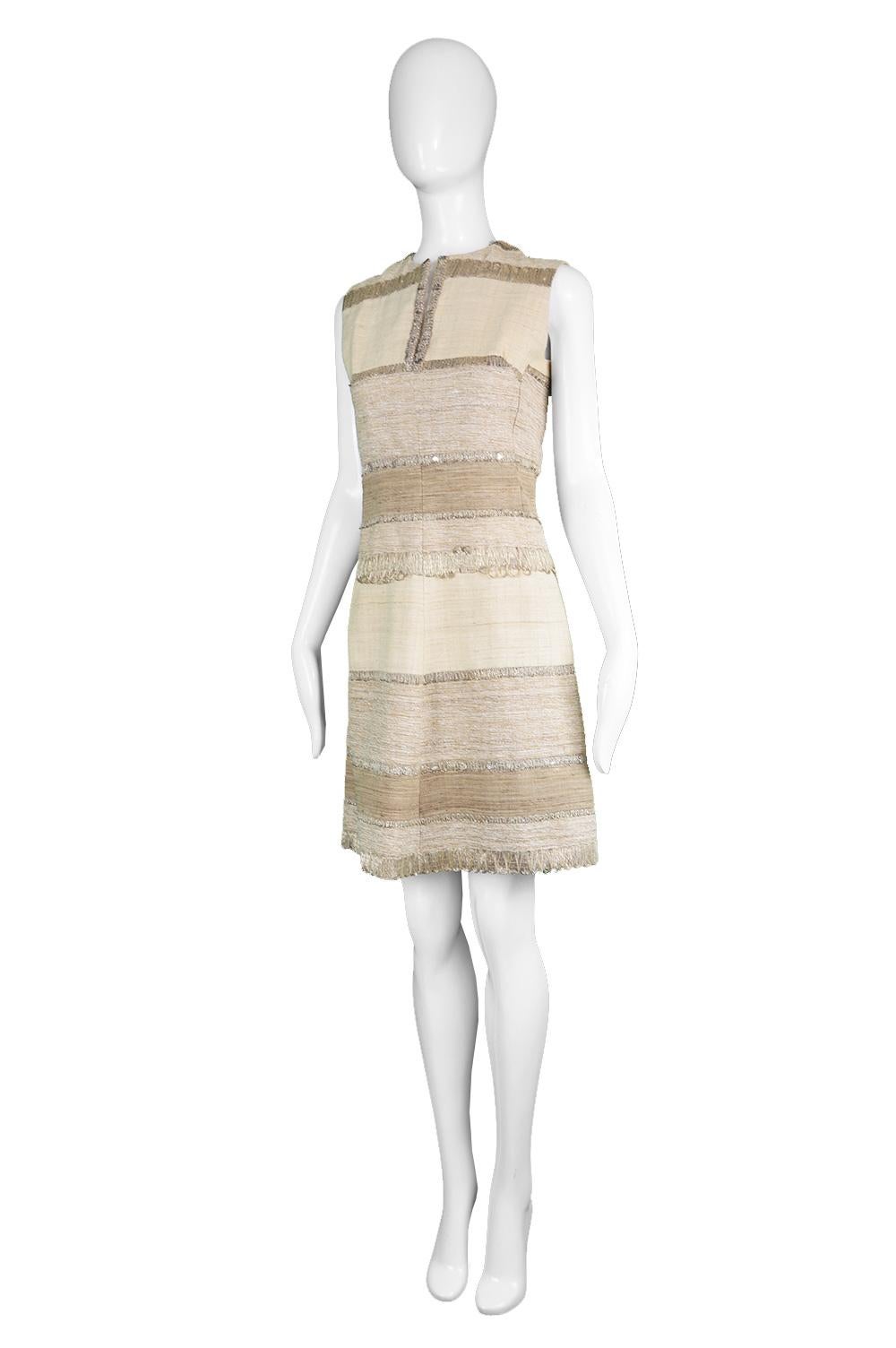Vintage 1960s Textured Linen & Metallic Cocktail Party Sleeveless Dress 3
