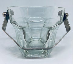Vintage 1960s Thick Clear Glass Ice Bucket with a Silver Plate Handle