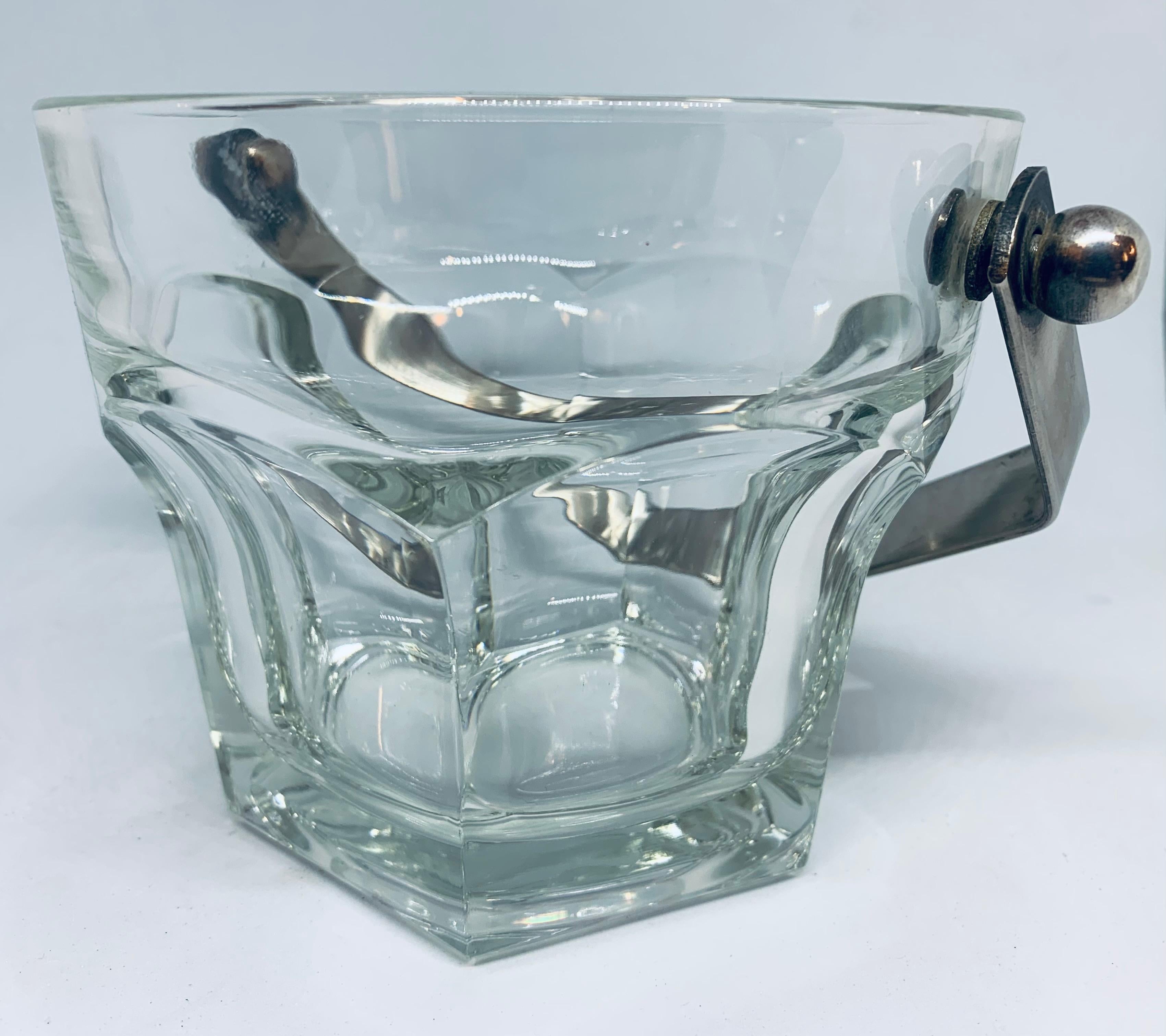 French Vintage 1960s Thick Clear Glass Ice Bucket with a Silver Plate Handle