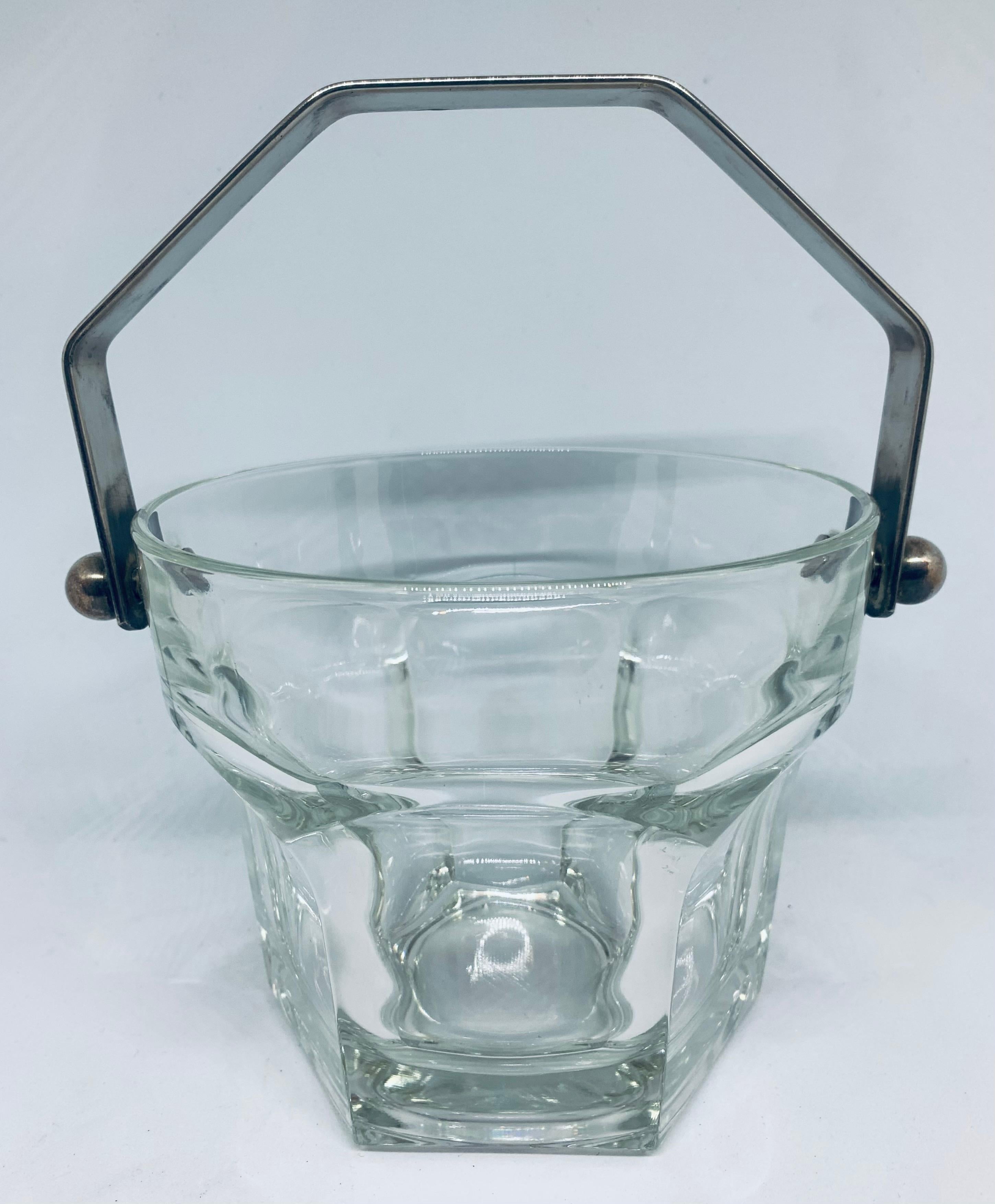 20th Century Vintage 1960s Thick Clear Glass Ice Bucket with a Silver Plate Handle