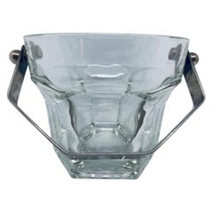 Vintage 1960s Thick Clear Glass Ice Bucket with a Silver Plate Handle