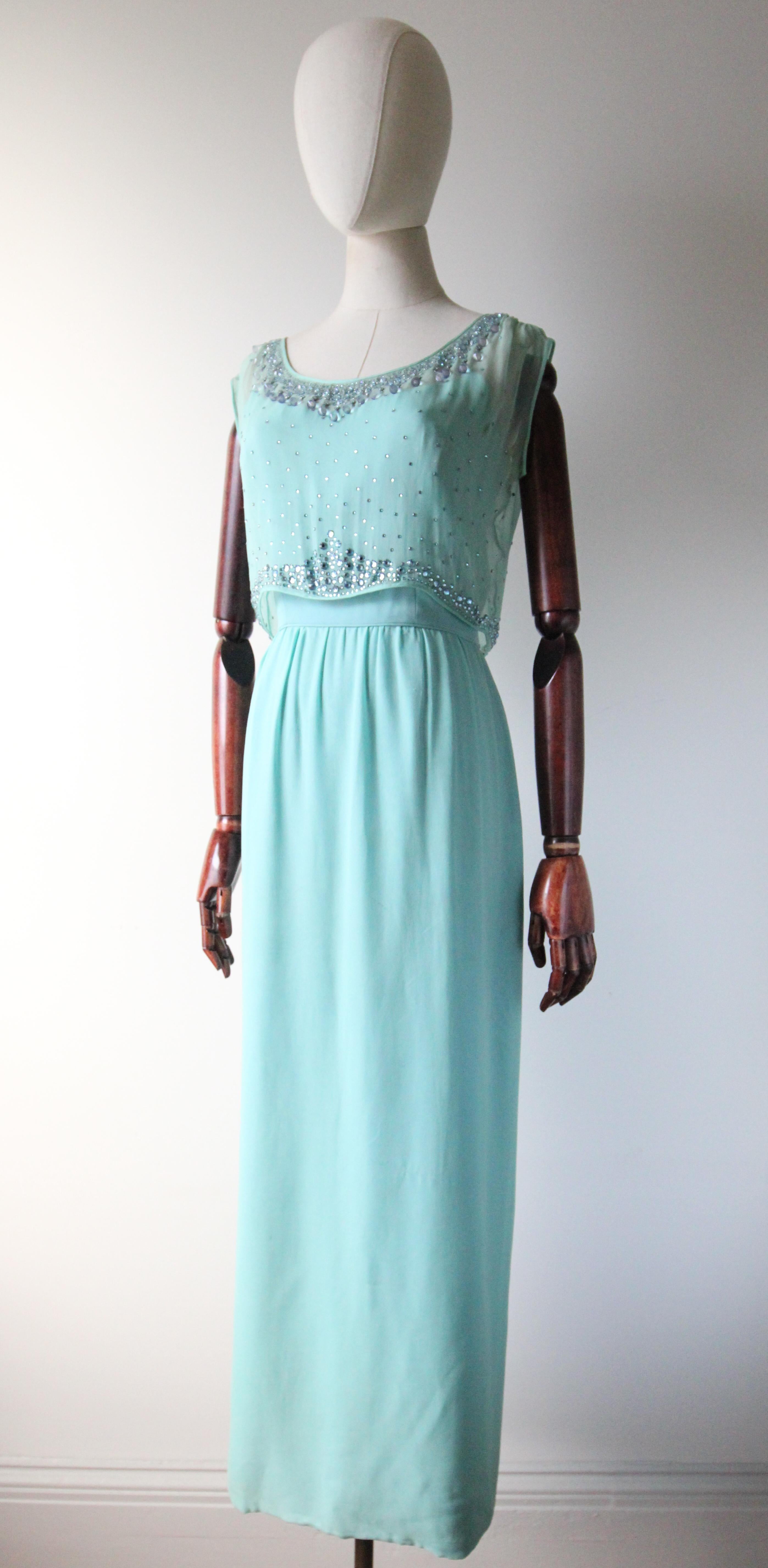 De las mujeres Vestido de noche vintage años 60 Tiffany azul de gasa de seda con pedrería UK 8 US 4 en venta