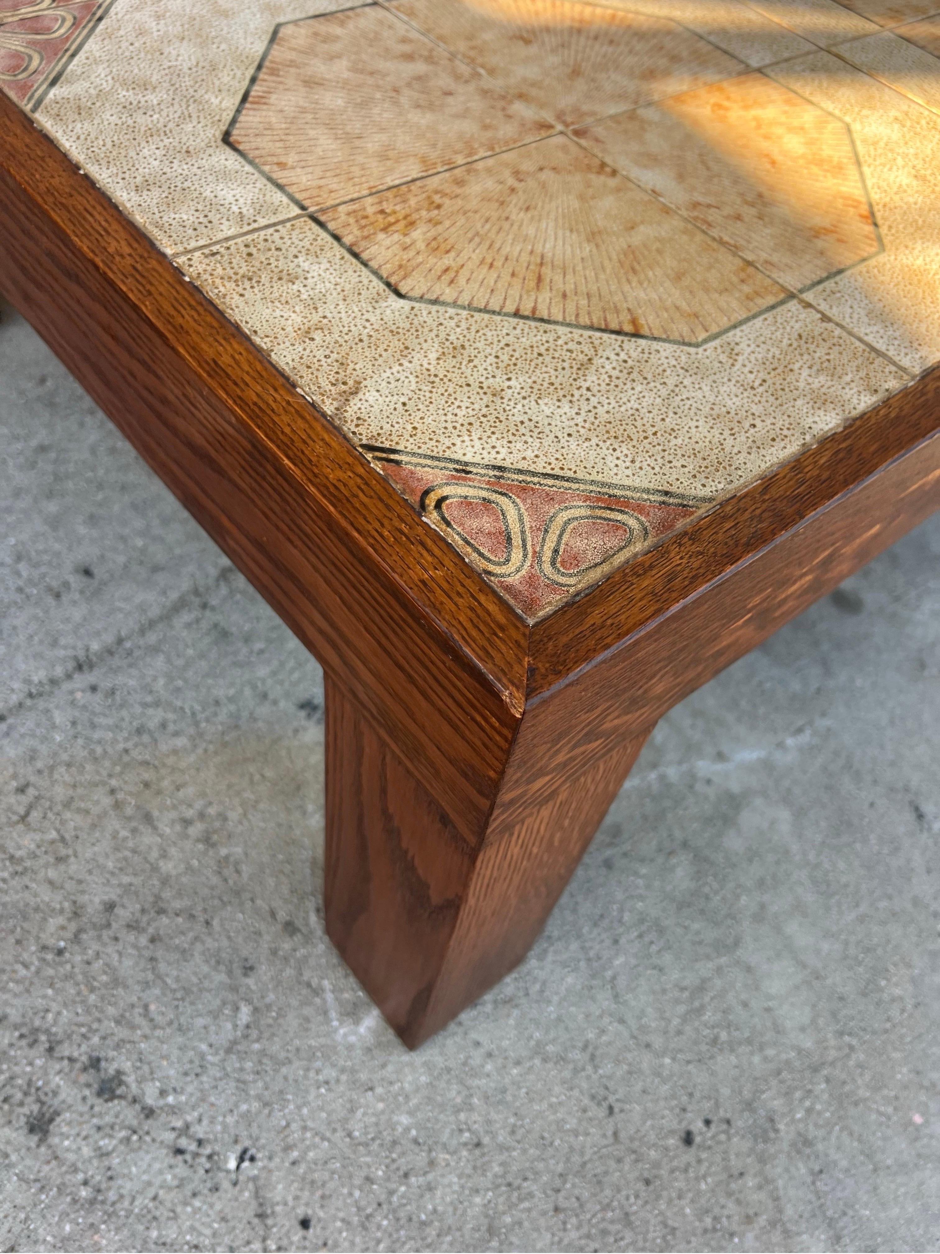 A gorgeous parsons style red oak console table with inlaid tile tops. Tile style was marked as “Sorento” under its coffee table partner (sold) . No chips or cracks in any tiles. Minor wear to the wood frame. Heavy and well made. 

L 49” x d 17.5” x