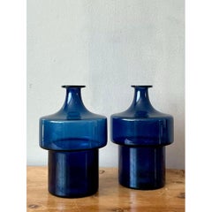 Vintage 1960s Timo Sarpaneva Littala Finland Blue Glass Decanter - A Pair