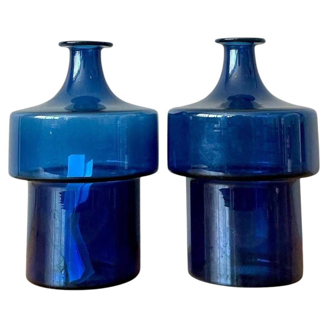 Vintage 1960s Timo Sarpaneva Littala Finland Blue Glass Decanter - A Pair