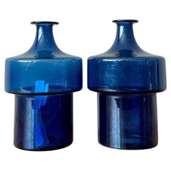 Vintage 1960s Timo Sarpaneva Littala Finland Blue Glass Decanter - A Pair