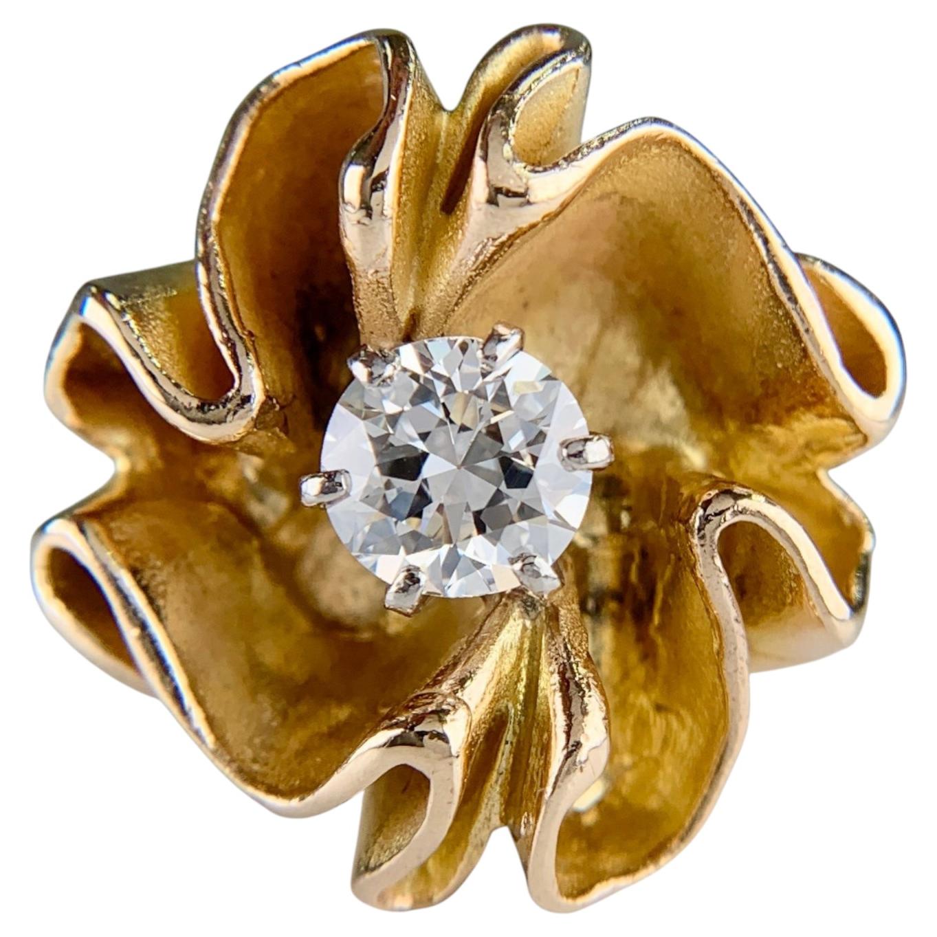 Vintage 1960's Transitional Cut Diamond Floral Statement Ring 14k Yellow Gold For Sale