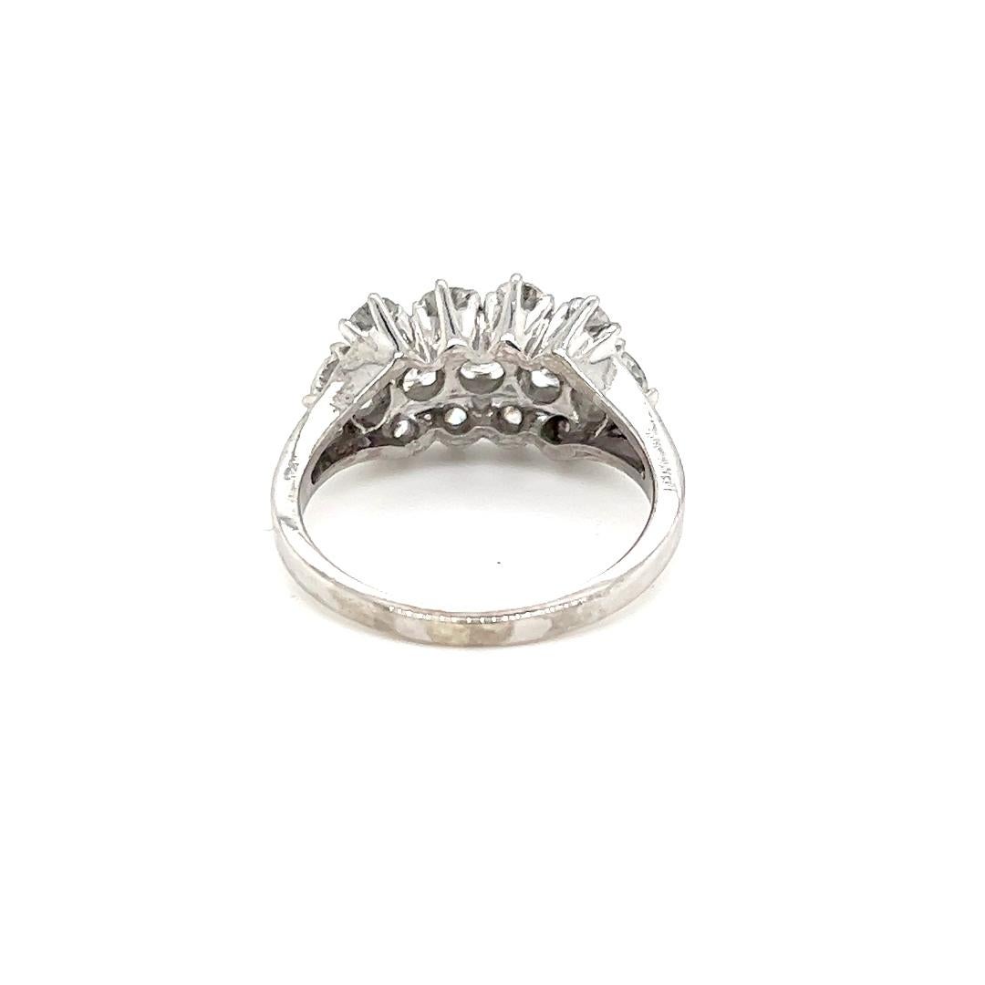 Brilliant Cut Vintage 1960s Triple Row Diamond Cluster Ring in 14K White Gold  For Sale