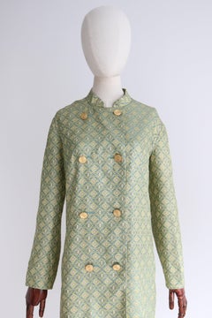 Vintage 1960's Turquoise and gold geometric lurex double breasted coat UK 14-16