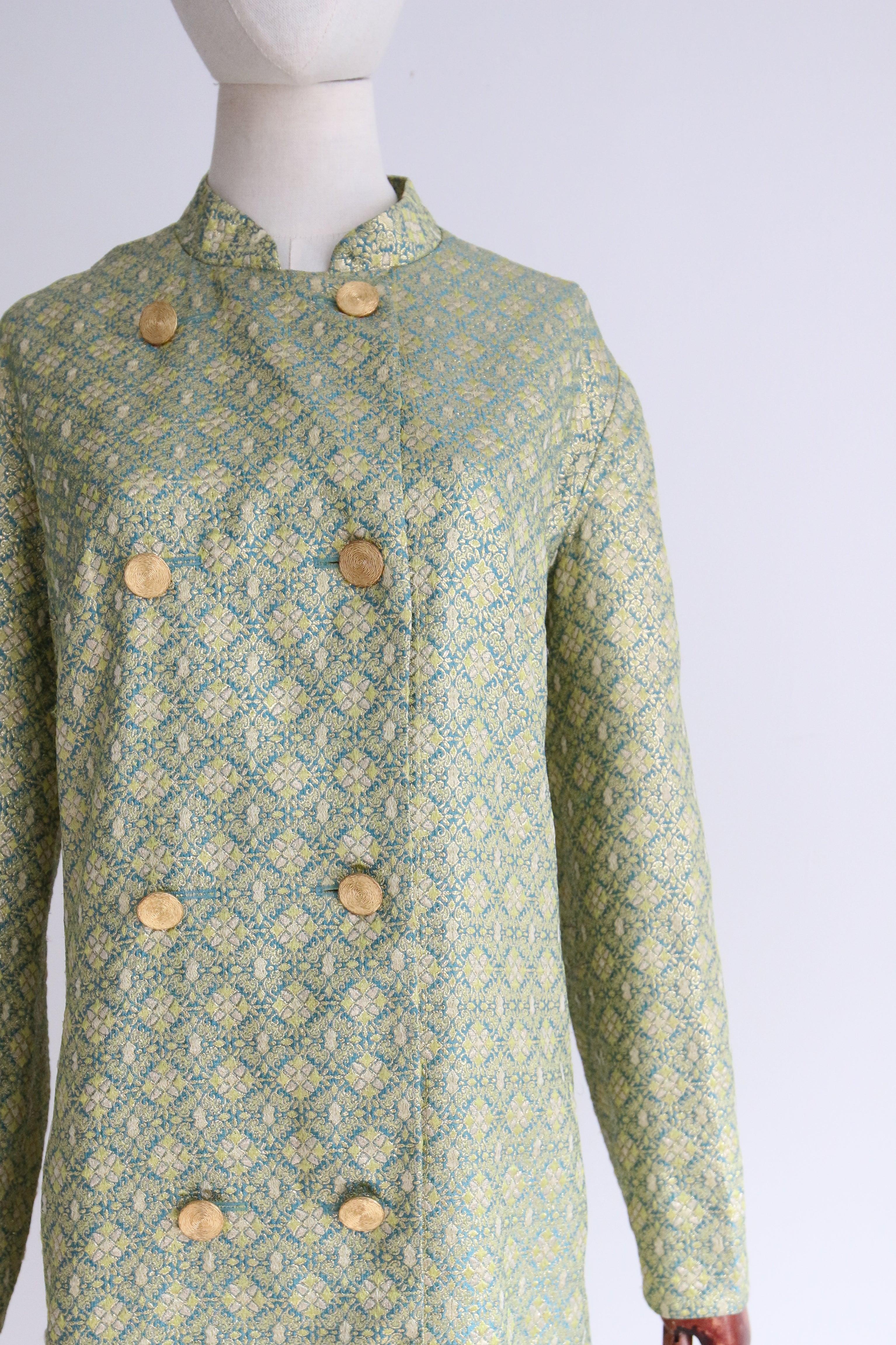 Brown Vintage 1960's Turquoise and gold geometric lurex double breasted coat UK 14-16 For Sale
