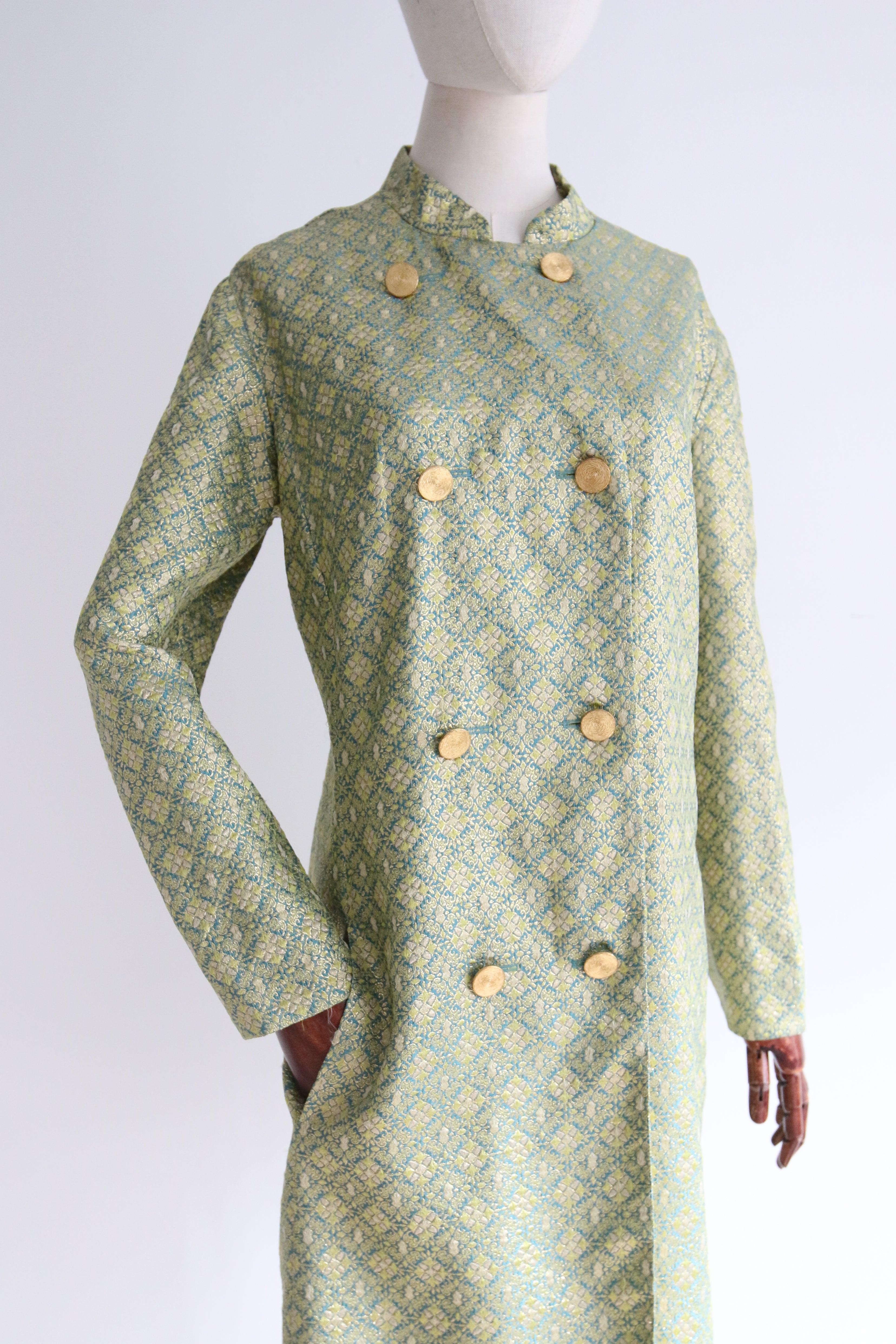 Women's Vintage 1960's Turquoise and gold geometric lurex double breasted coat UK 14-16 For Sale